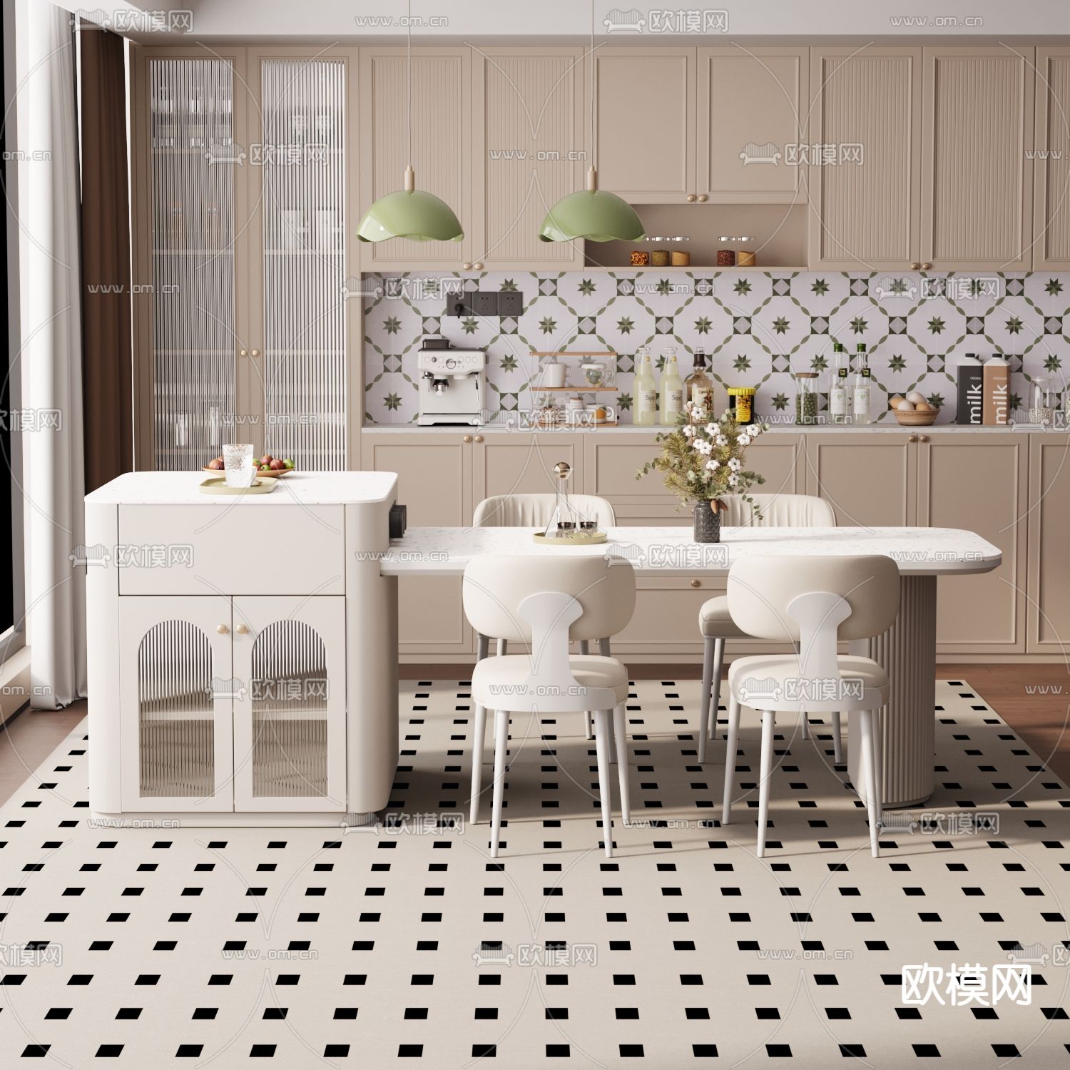 奶油风吧台 中岛台3d模型下载