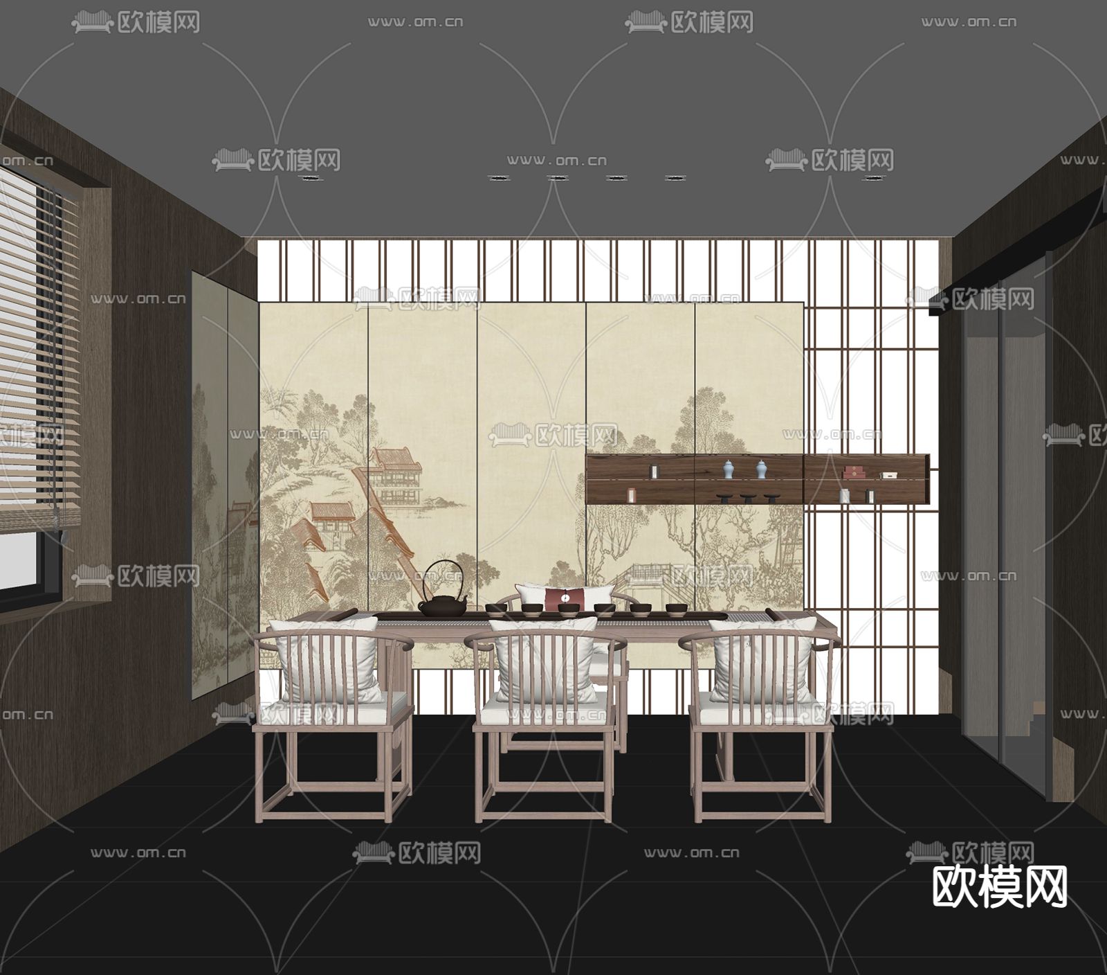 新中式茶馆 包间su模型下载（渲染图1）