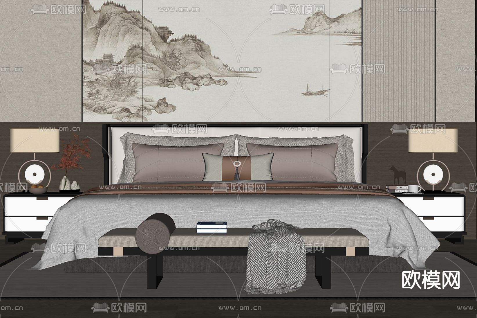 新中式双人床su模型下载（渲染图1）