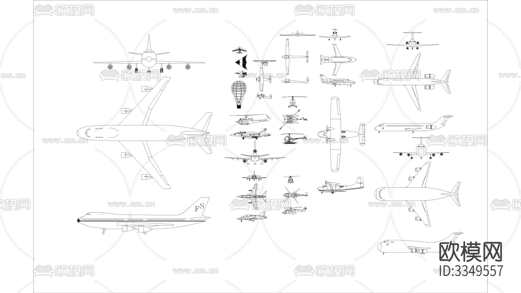 客机气球战斗机直升机滑翔机cad平面图下载
