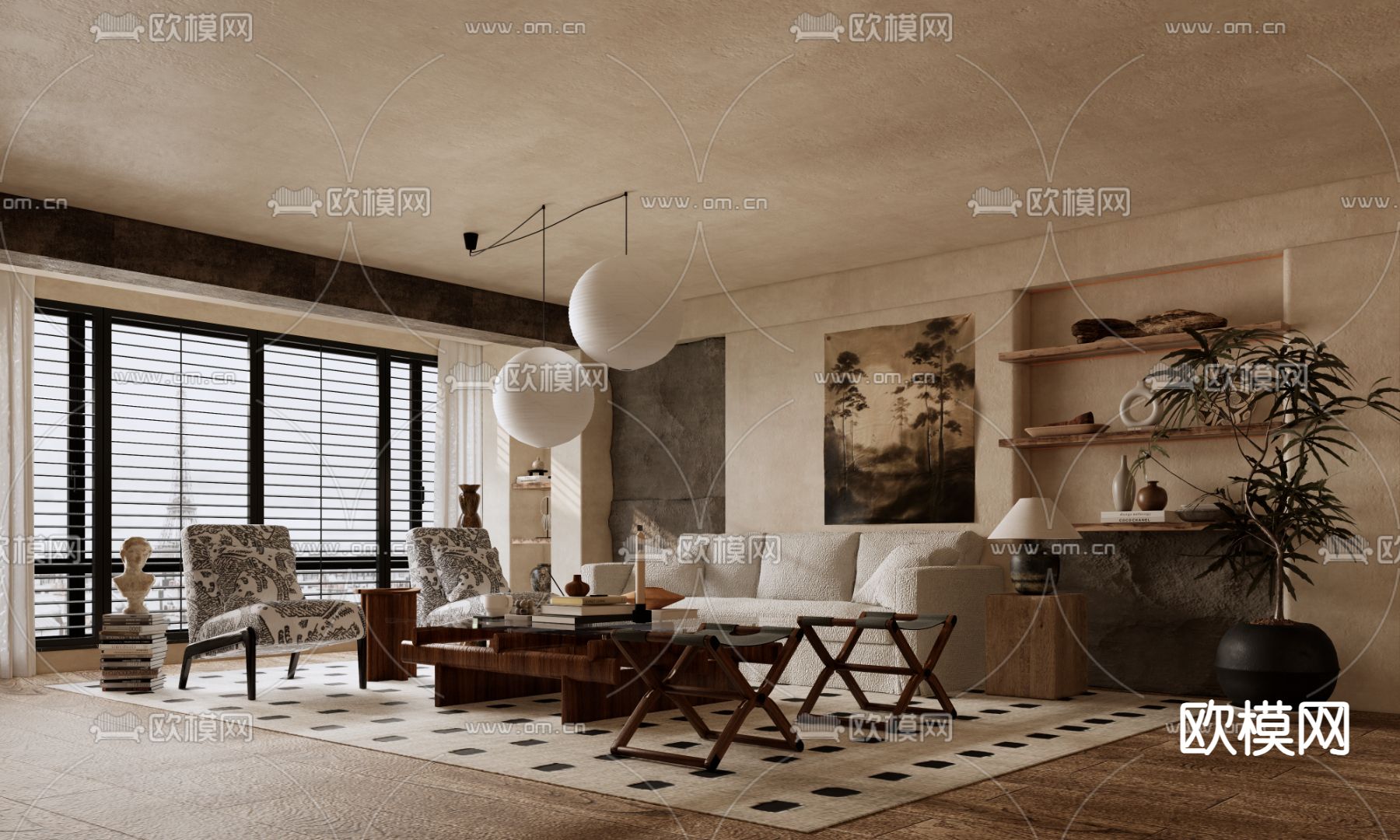 中古风客厅su模型下载（渲染图3）