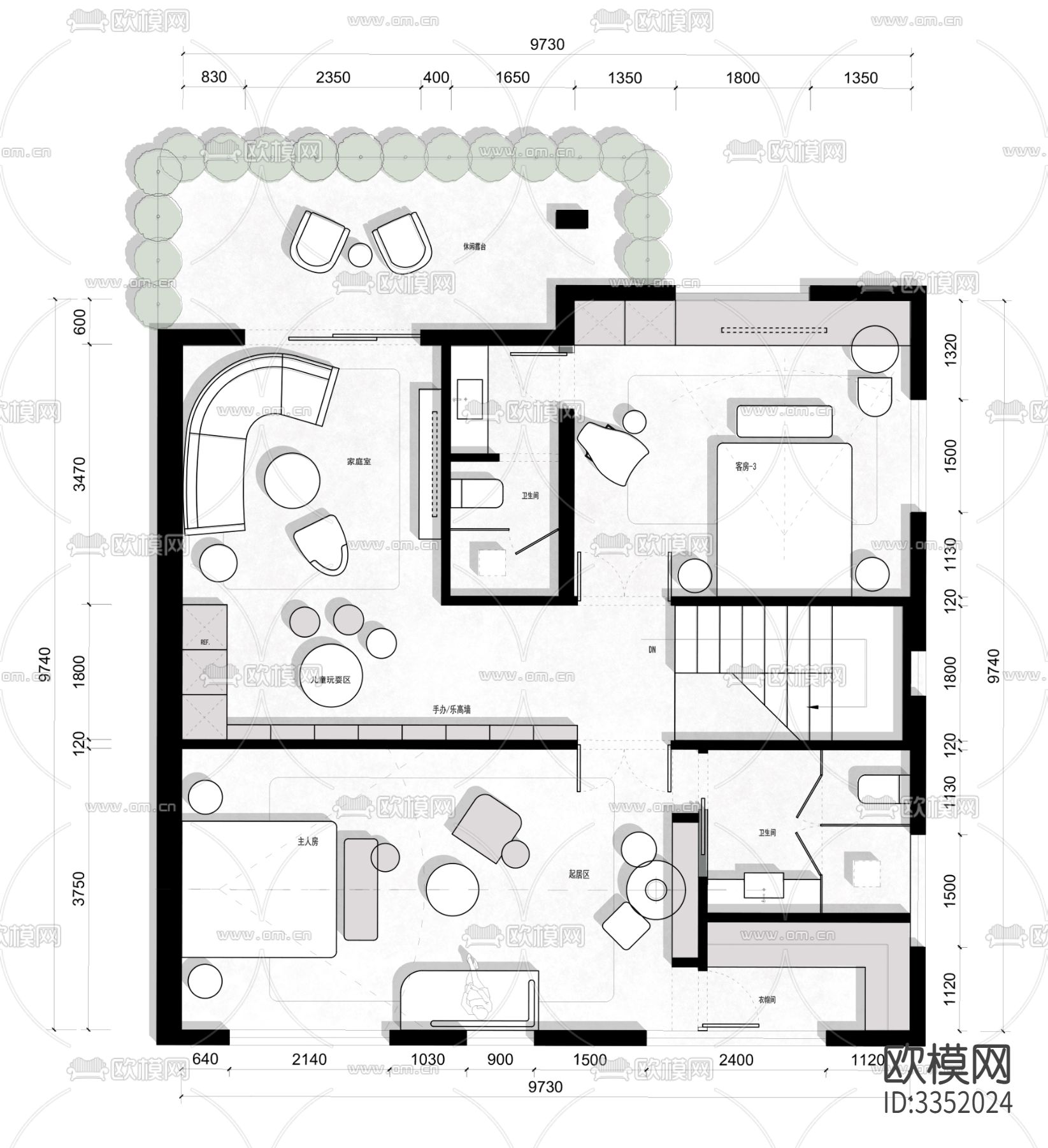 355㎡民宿改造cad平面图下载（渲染图3）