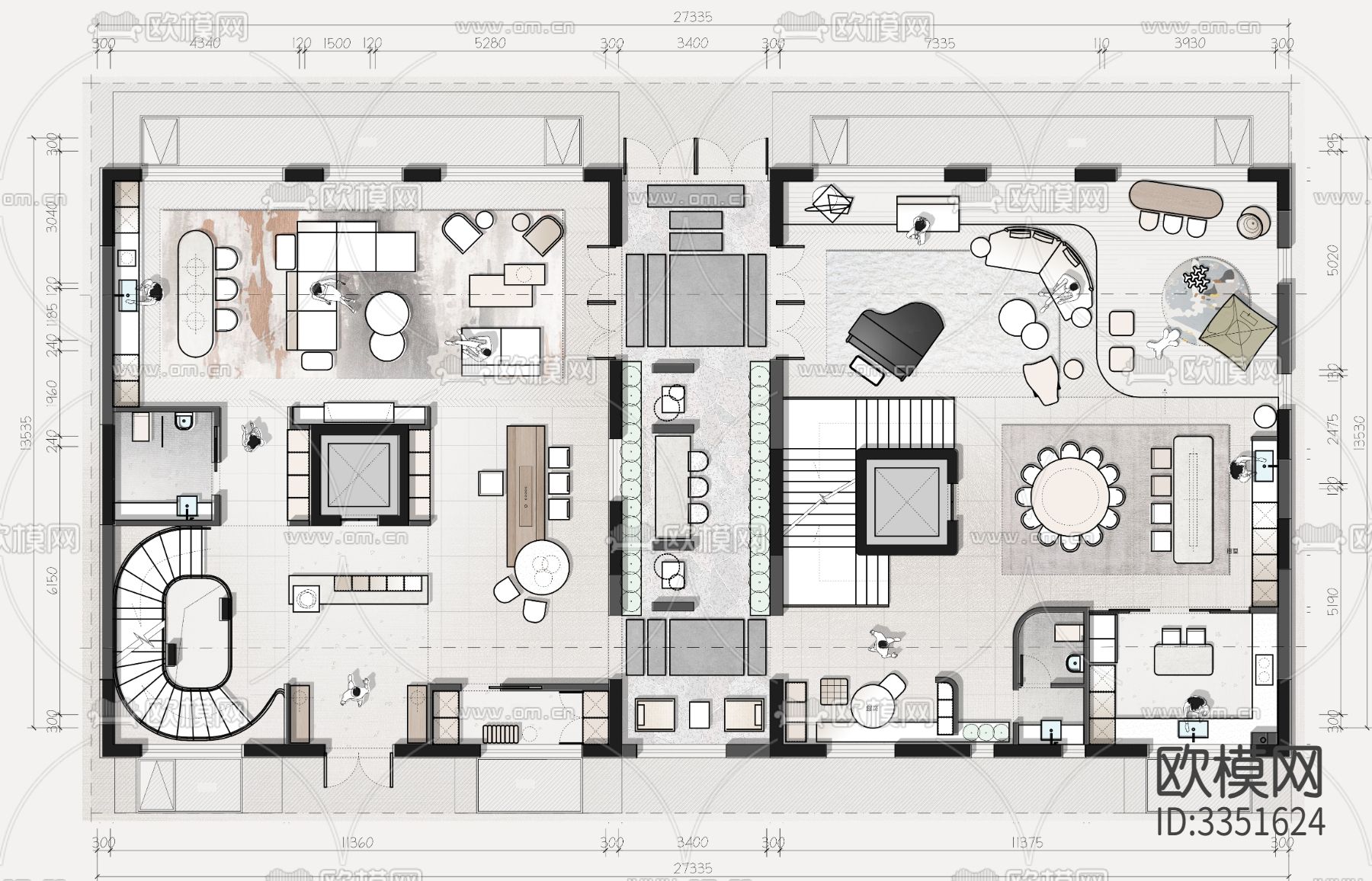 345平米两套打通大平层cad平面图下载
