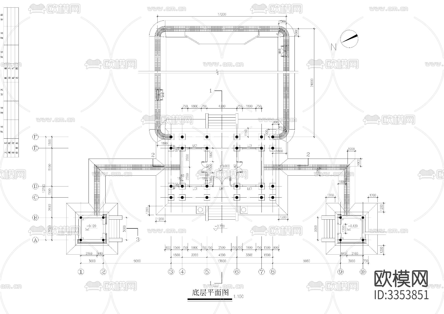 入口大门建筑cad平面图下载（渲染图1）