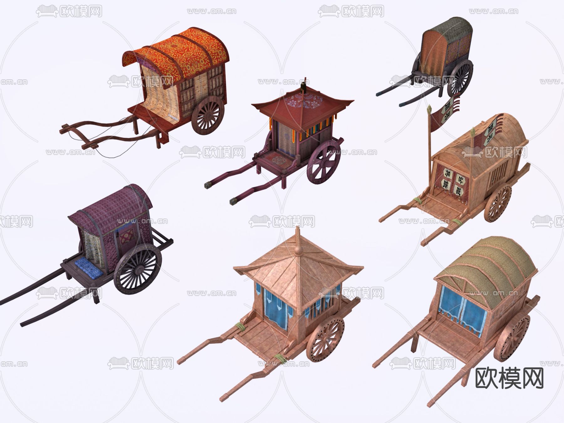 中式古代马车 乡村民俗马车 古代马车3d模型