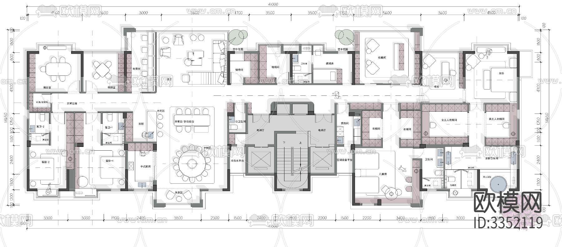 544㎡两户打通大平层方案cad施工图下载
