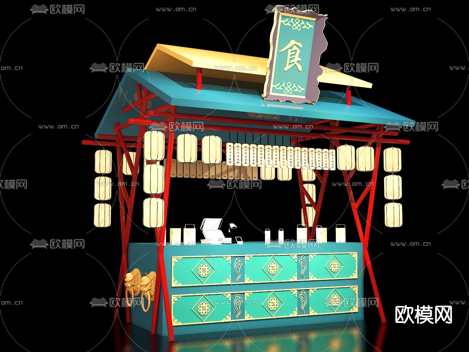 新中式移动推车 餐车 集市摊位su模型下载（渲染图2）