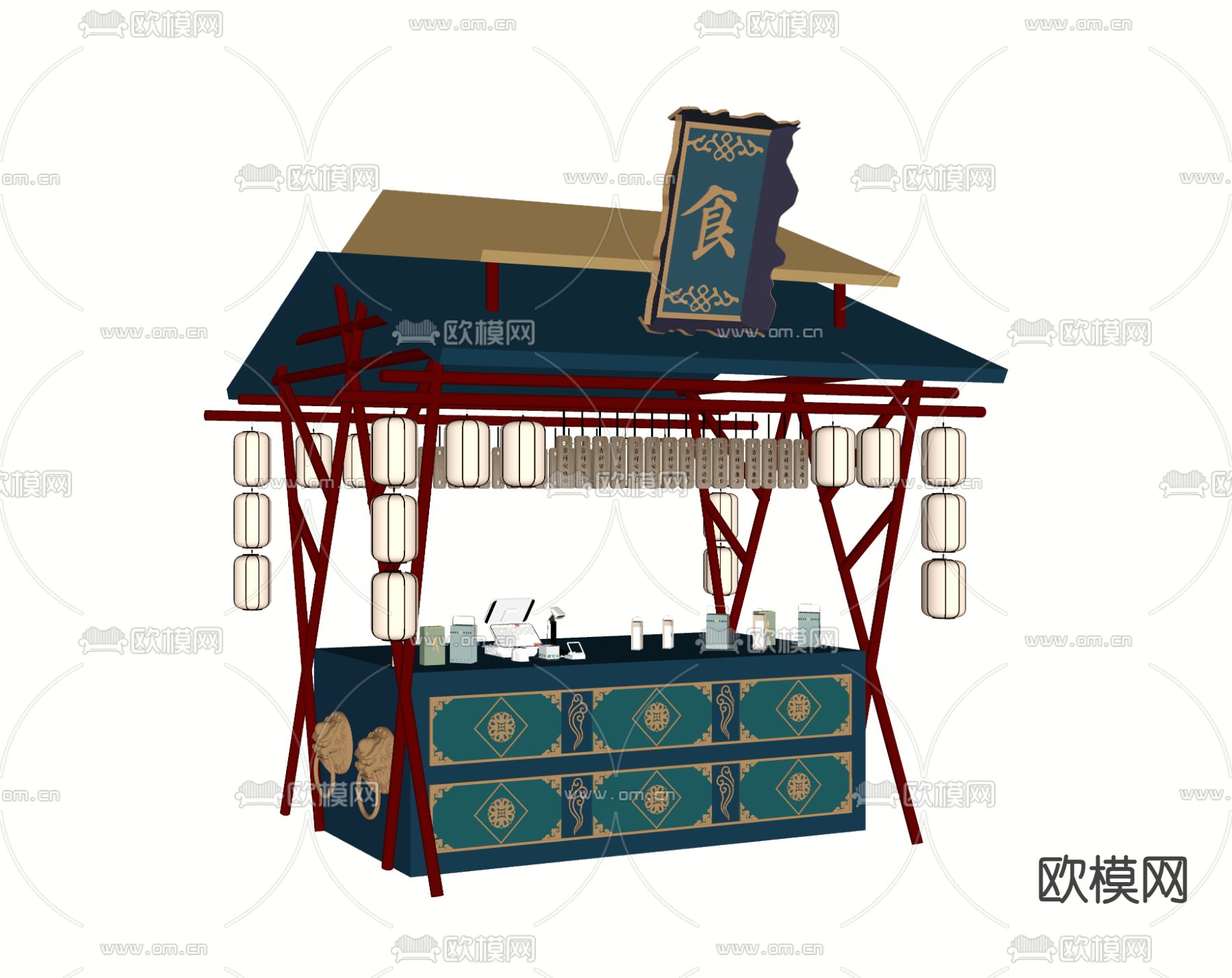 新中式移动推车 餐车 集市摊位su模型下载（渲染图1）