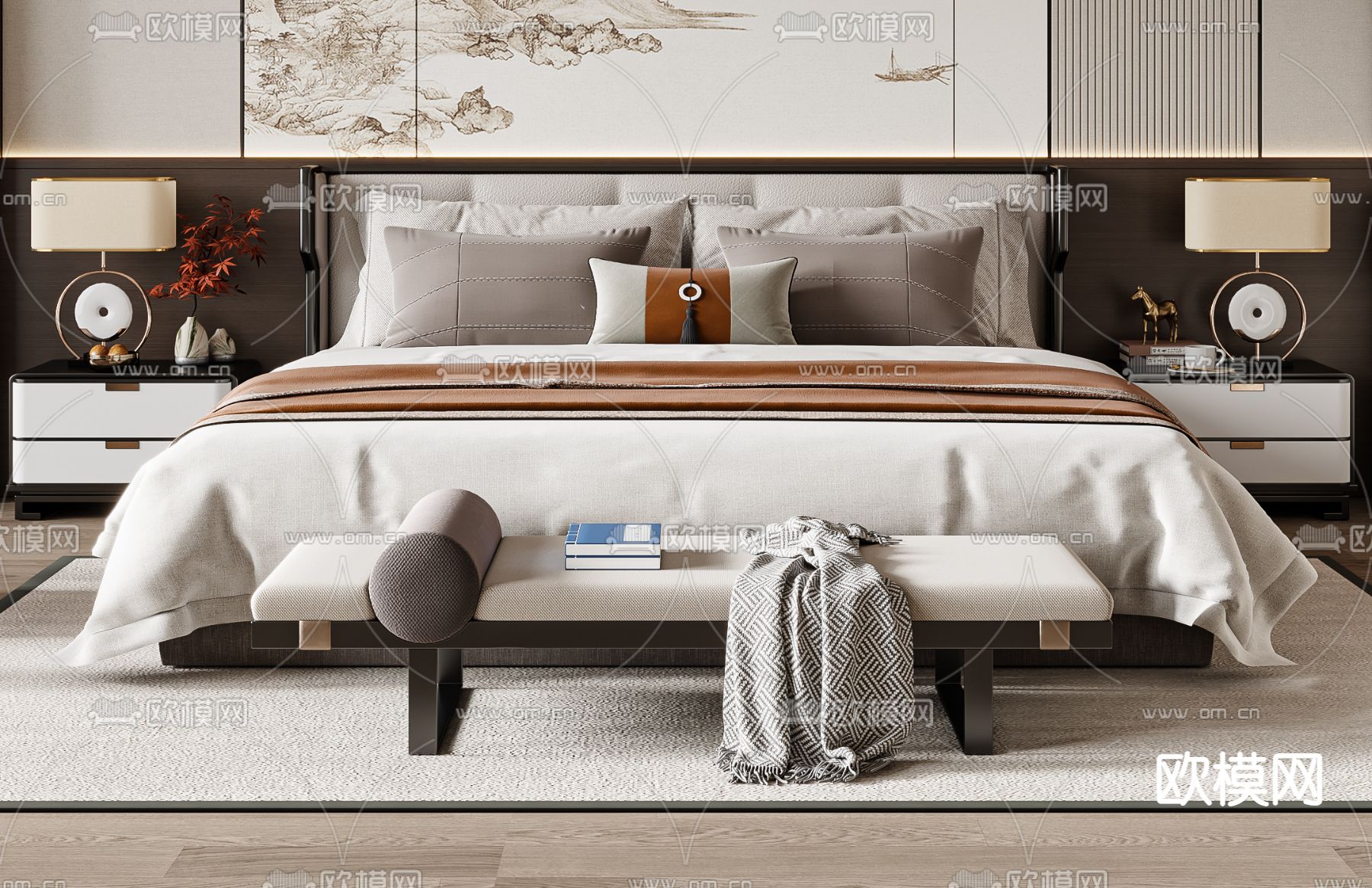 新中式双人床su模型下载（渲染图2）