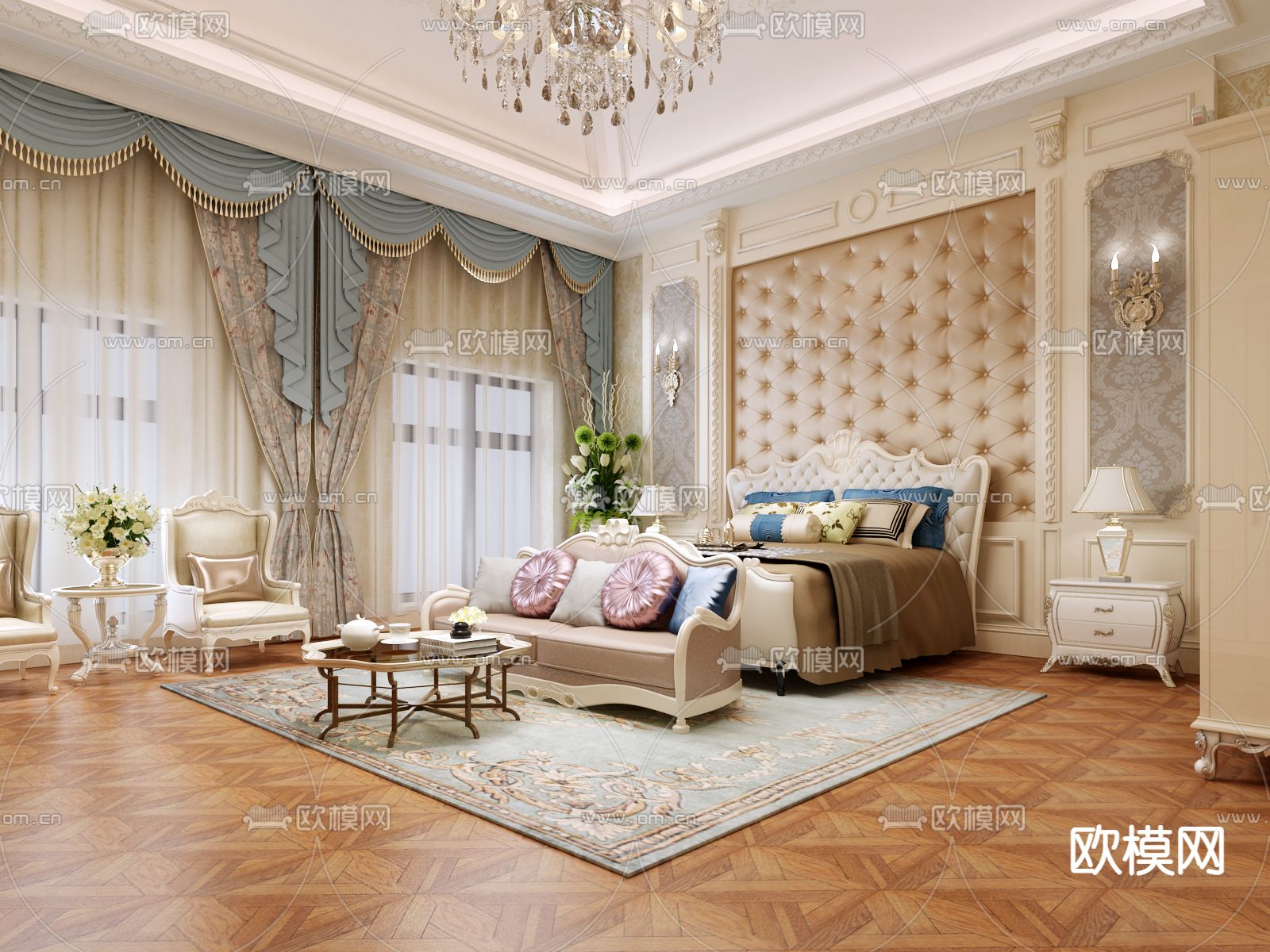 简欧卧室 主卧3d模型下载（渲染图1）