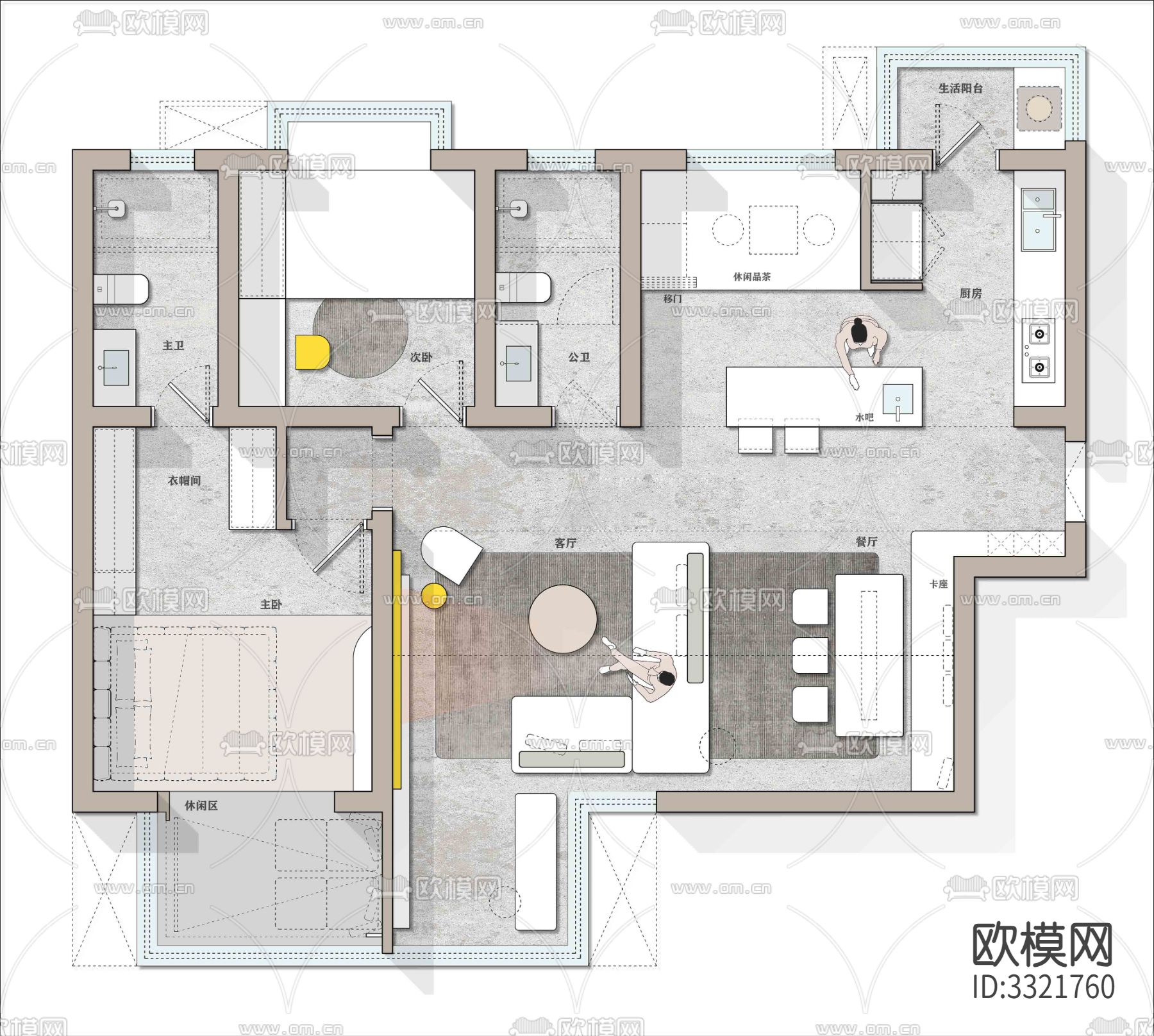 家装装修样板间CAD平面图下载（渲染图2）