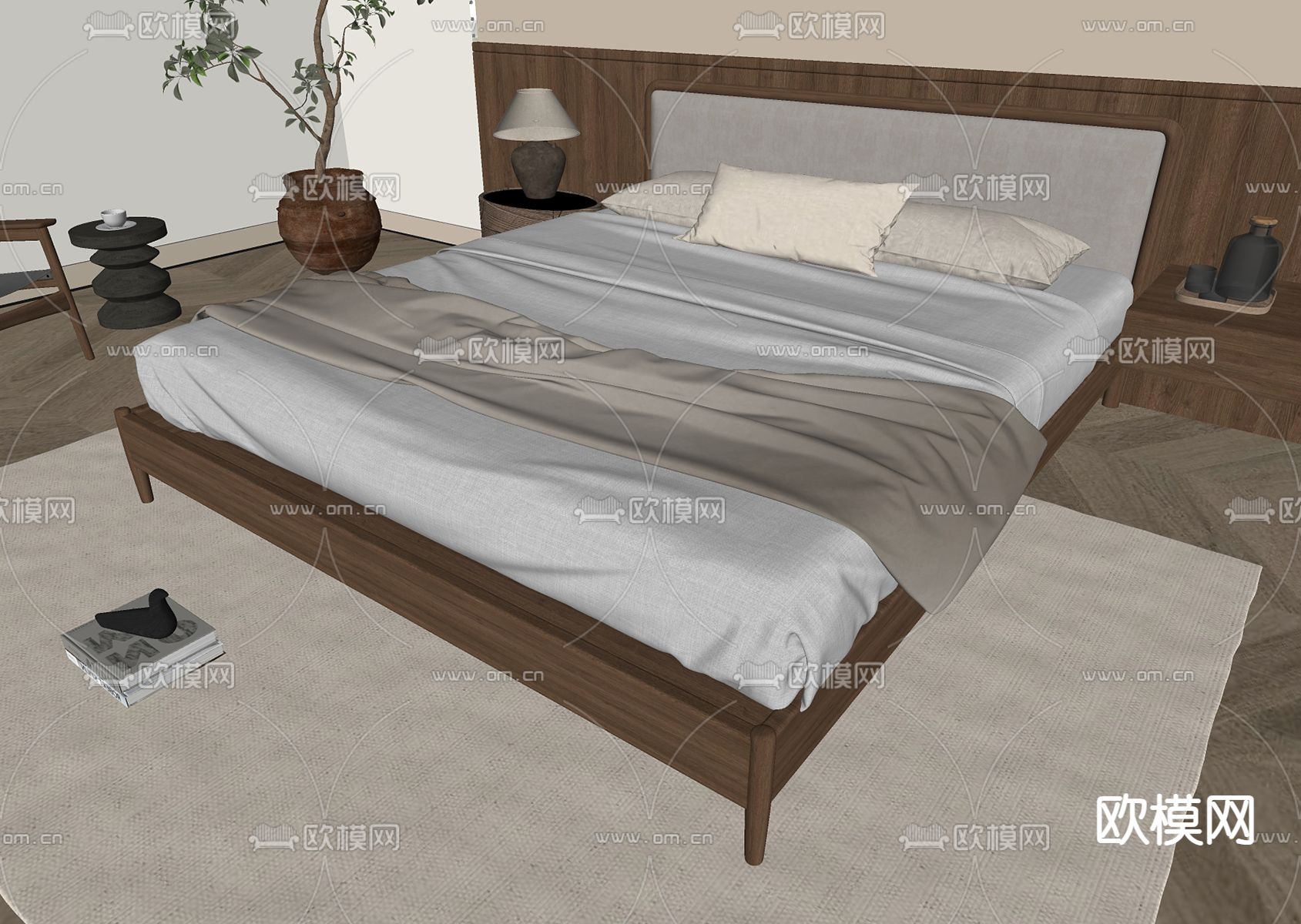 中古风双人床su模型下载（渲染图1）