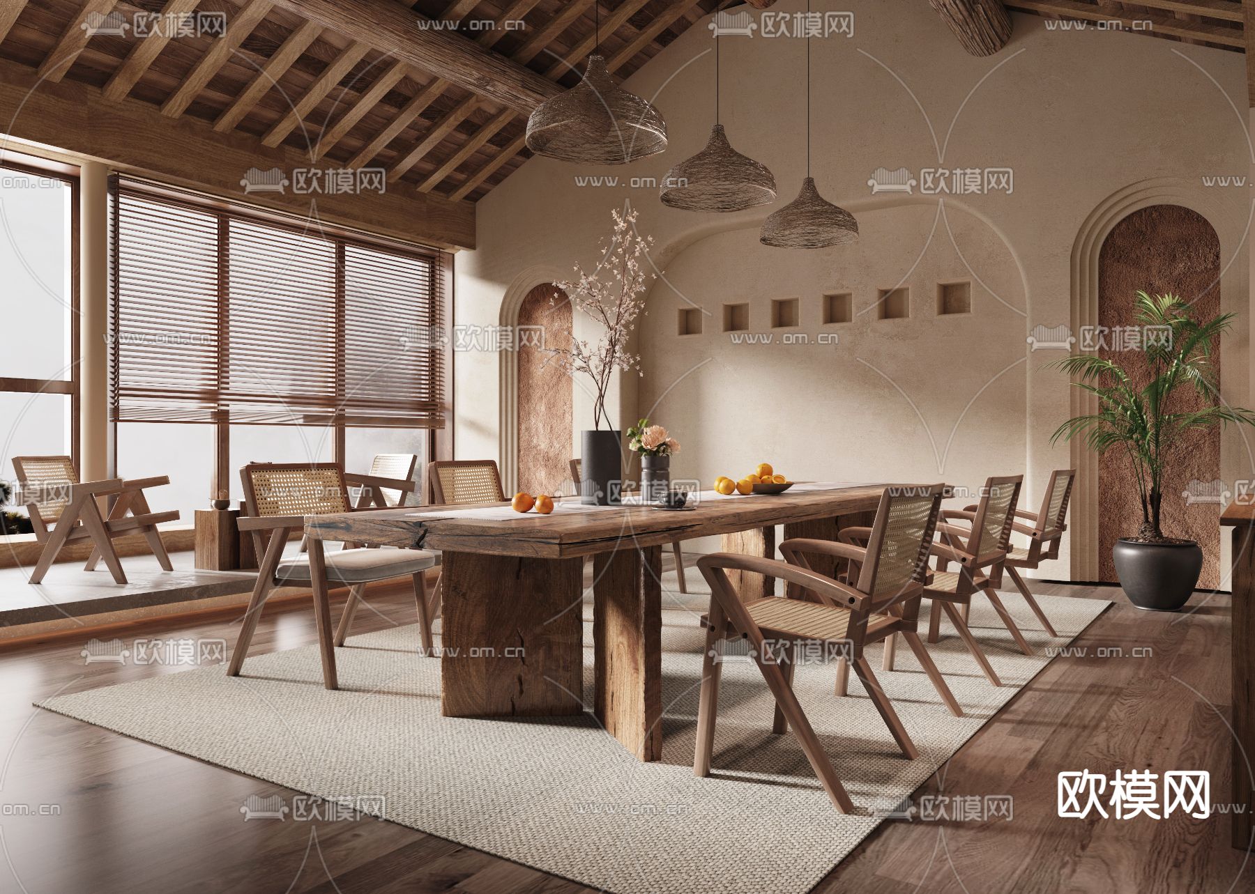 侘寂风民宿 餐厅su模型下载（渲染图3）