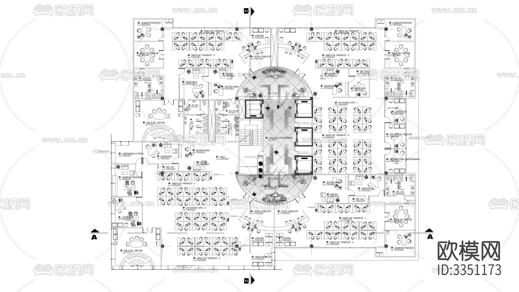 高层企业办公室cad平面图下载（渲染图2）