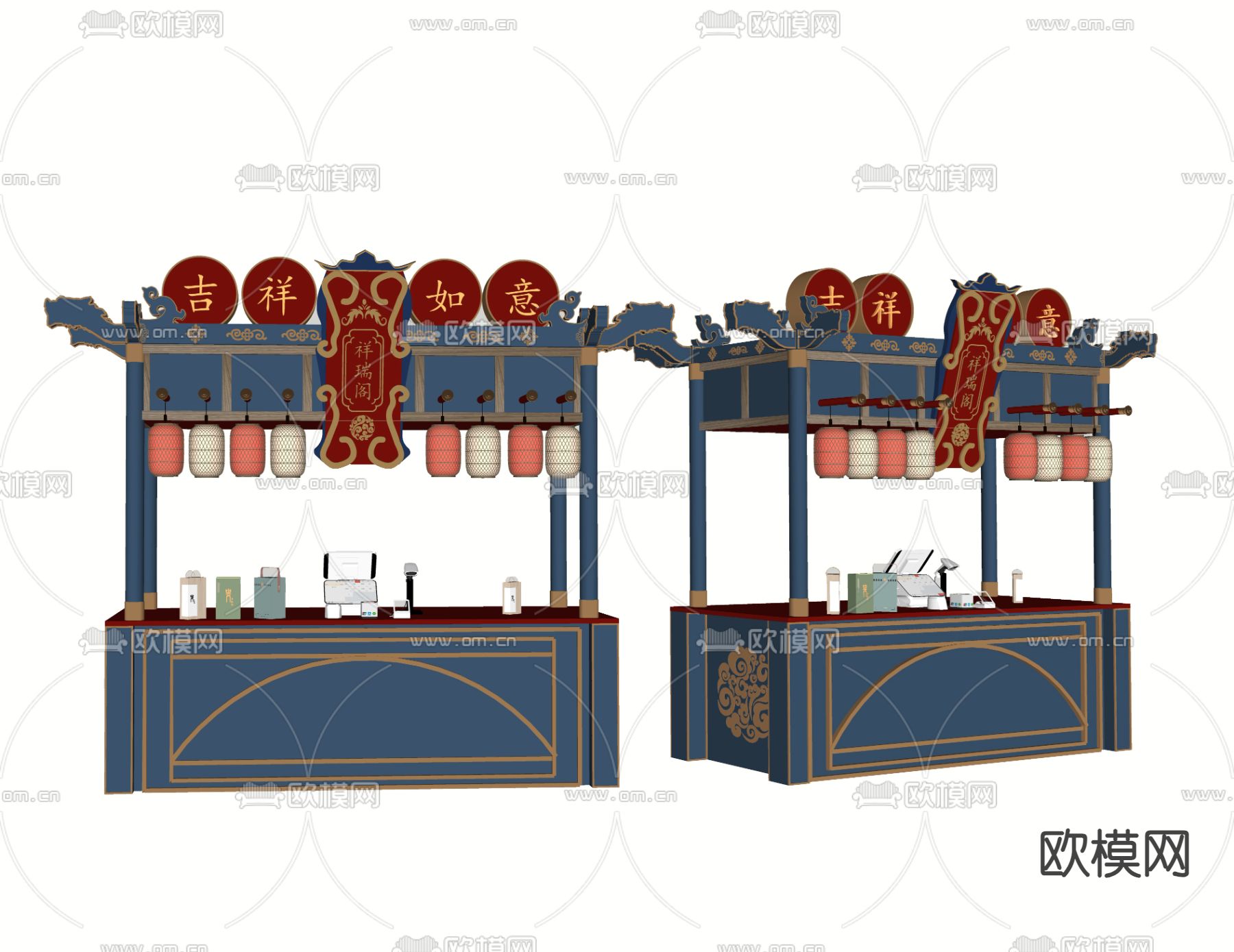 新中式花车 售卖摊位 外摆 网红集市摊位su模型下载（渲染图1）