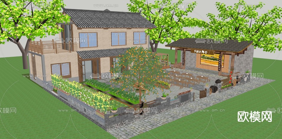 新中式乡村 农村农家 庭院院子 菜园子su模型下载(渲染图1)
