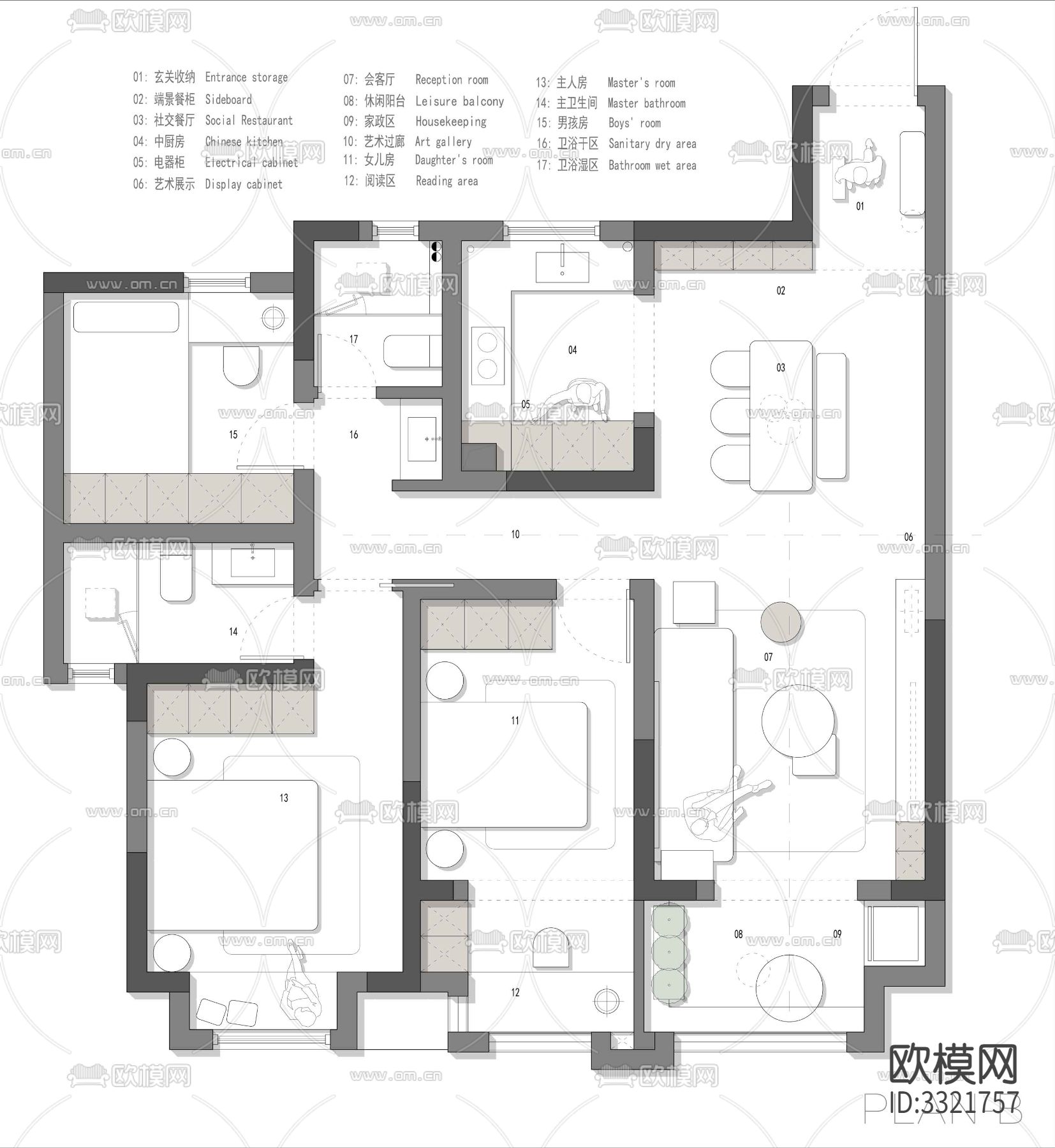 家装装修样板间CAD平面图下载（渲染图2）