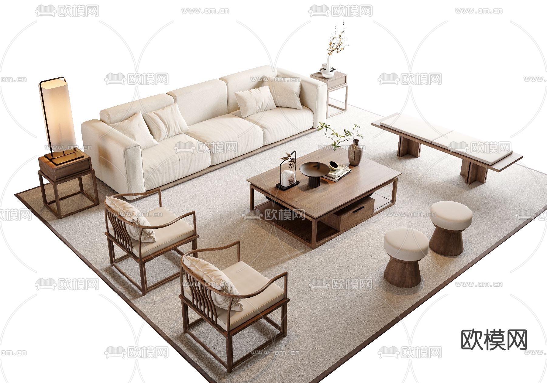 新中式组合沙发su模型下载（渲染图2）