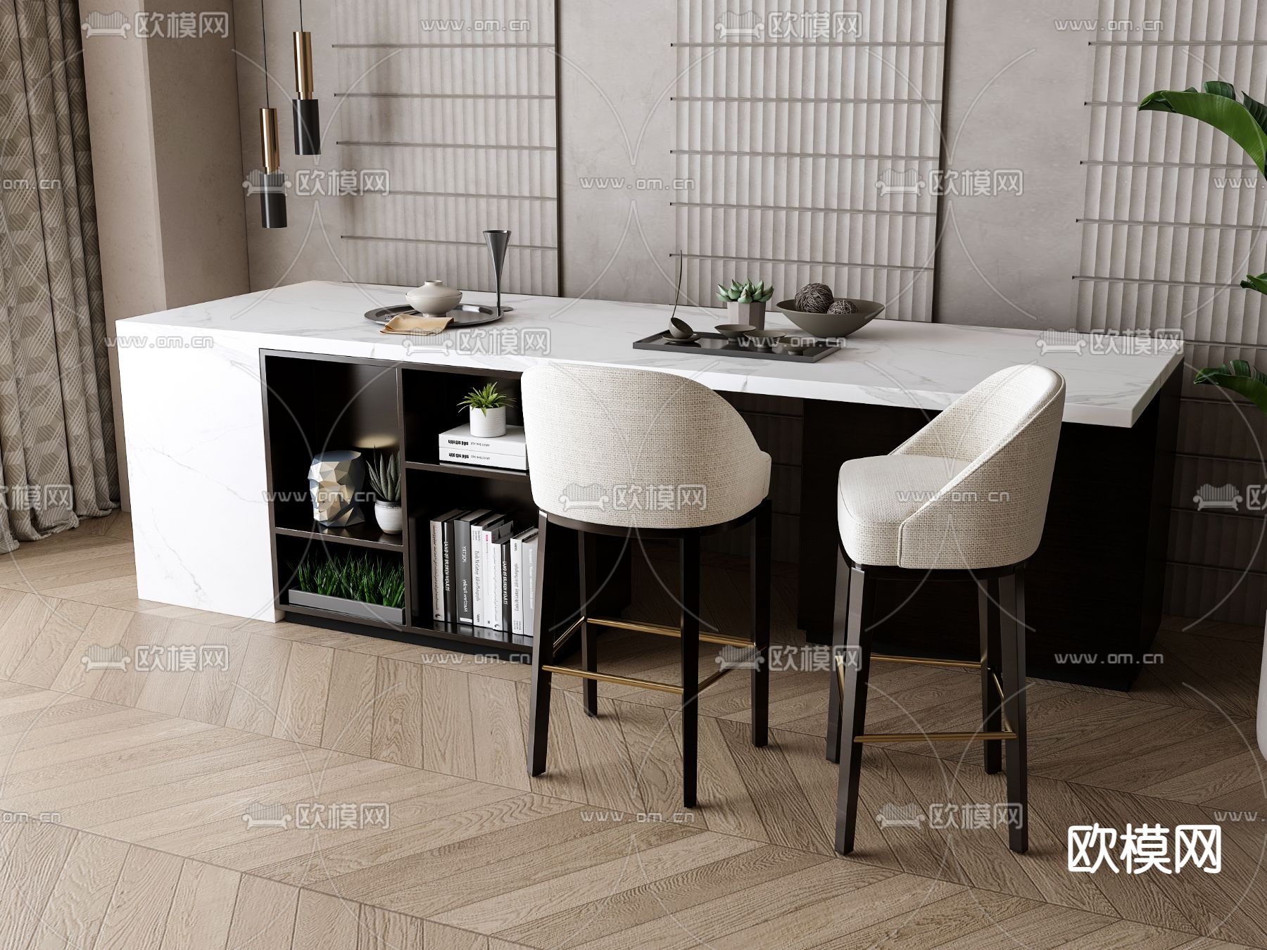现代吧台吧凳su模型下载（渲染图2）