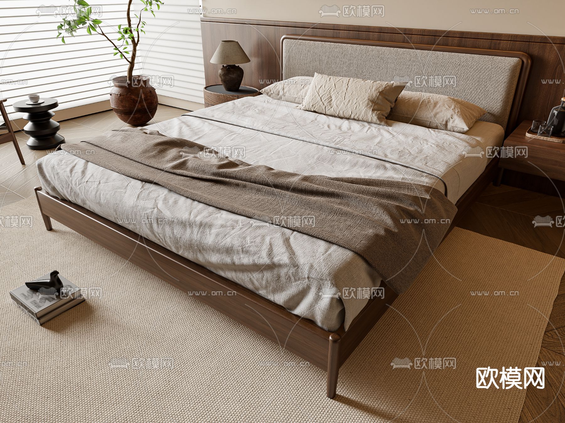 中古风双人床su模型下载（渲染图2）