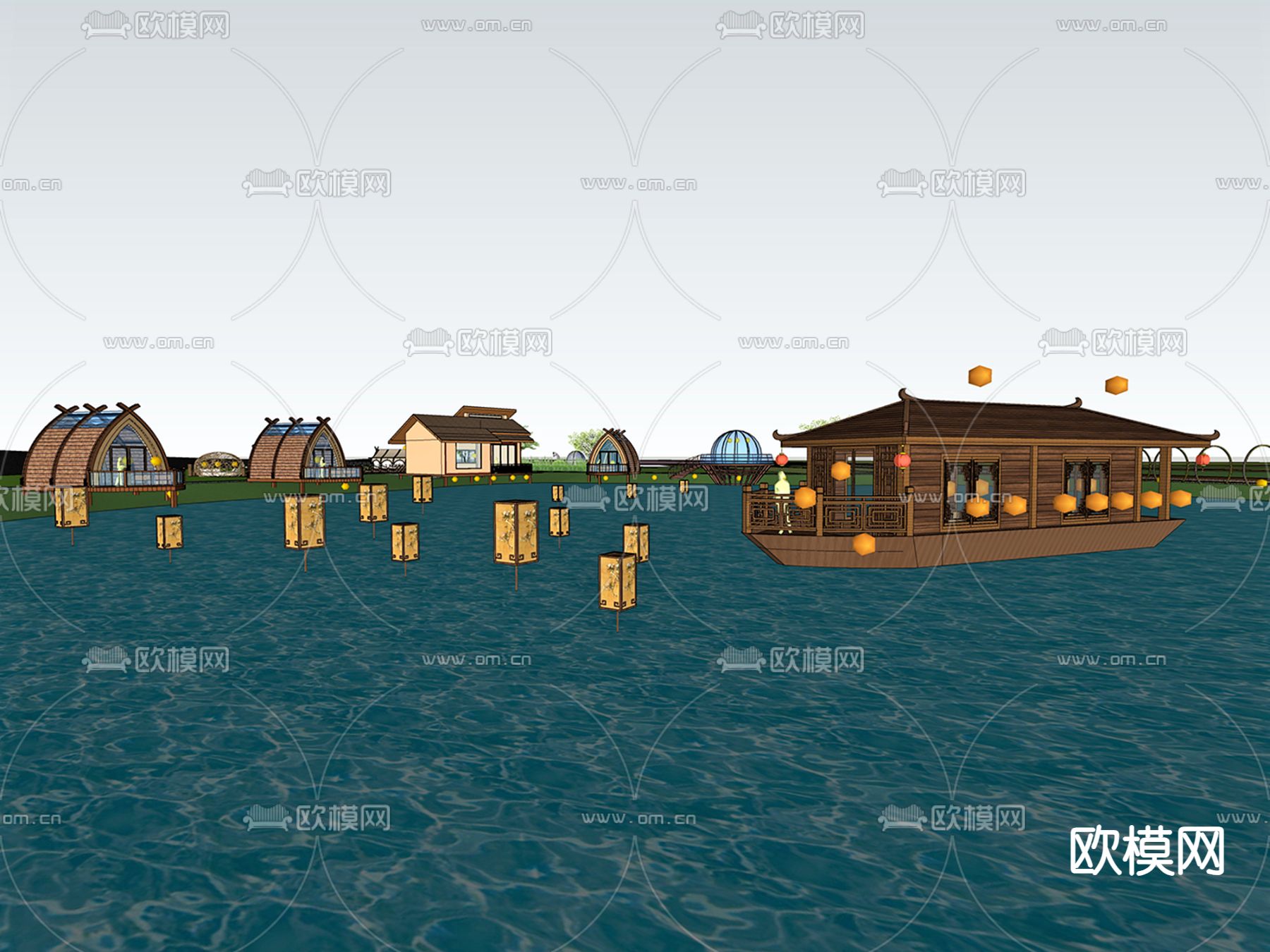 中式灯笼美陈 水景小品su模型下载（渲染图1）