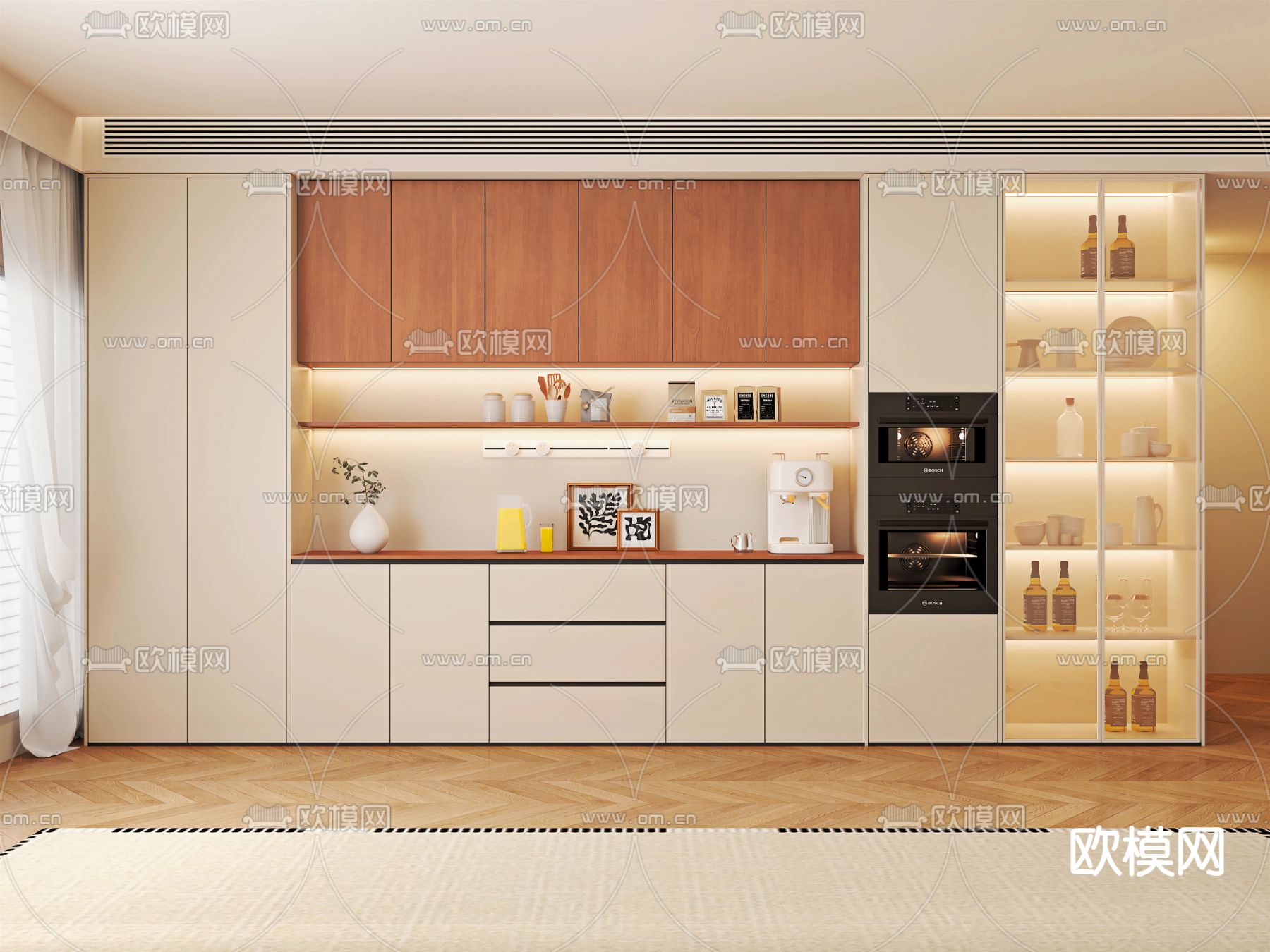 奶油风餐边柜 酒柜su模型下载（渲染图2）