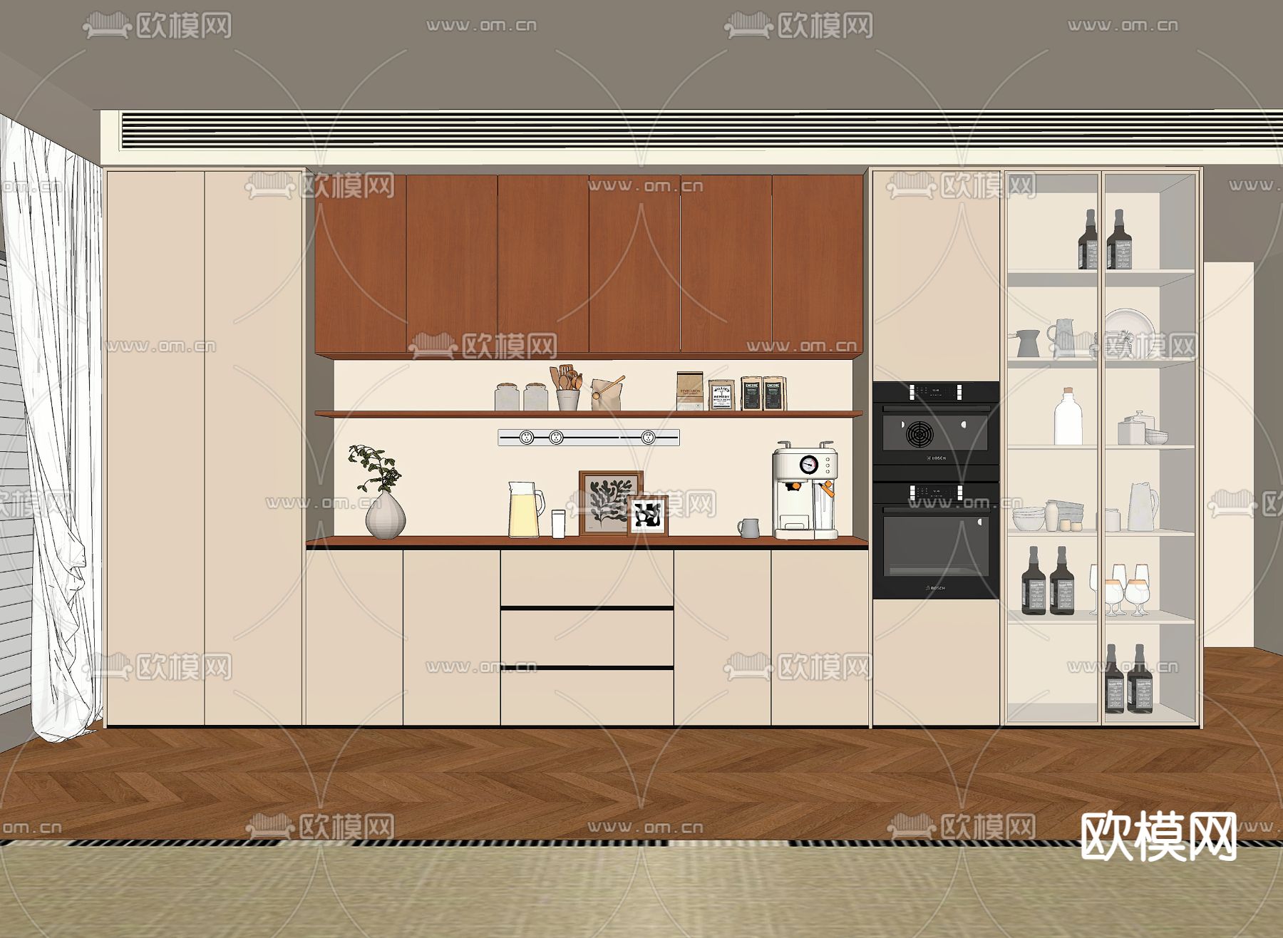 奶油风餐边柜 酒柜su模型下载（渲染图1）