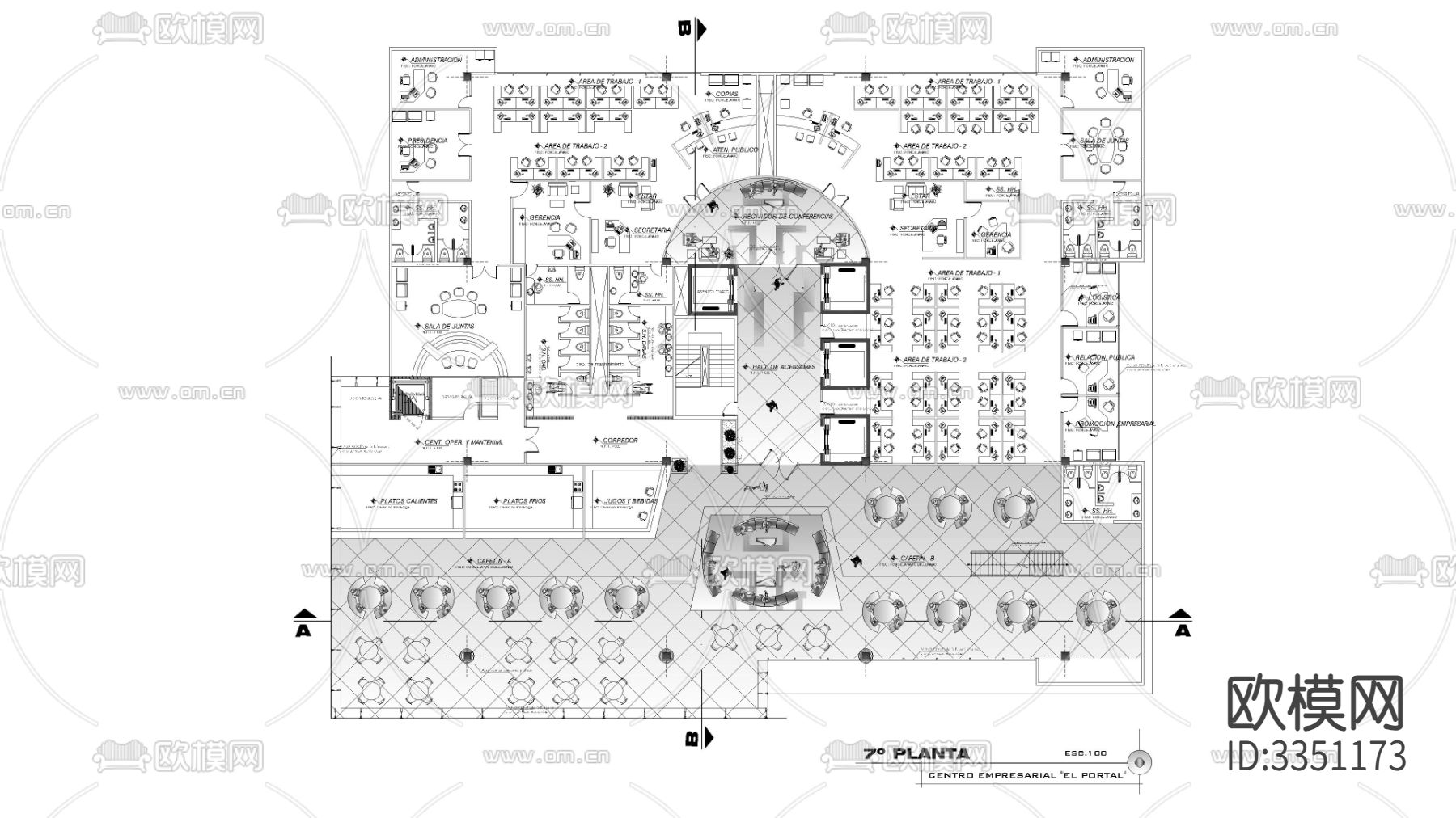 高层企业办公室cad平面图下载（渲染图1）