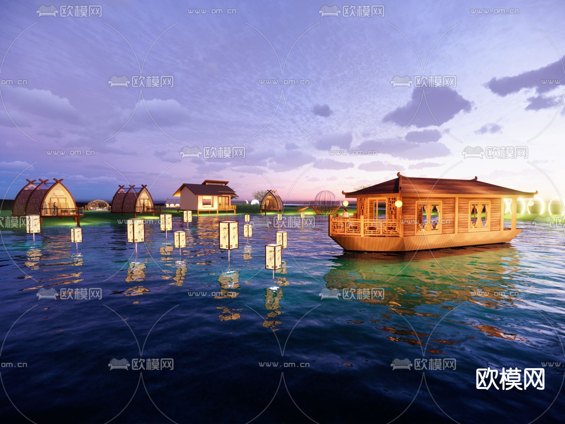 中式灯笼美陈 水景小品su模型下载（渲染图2）