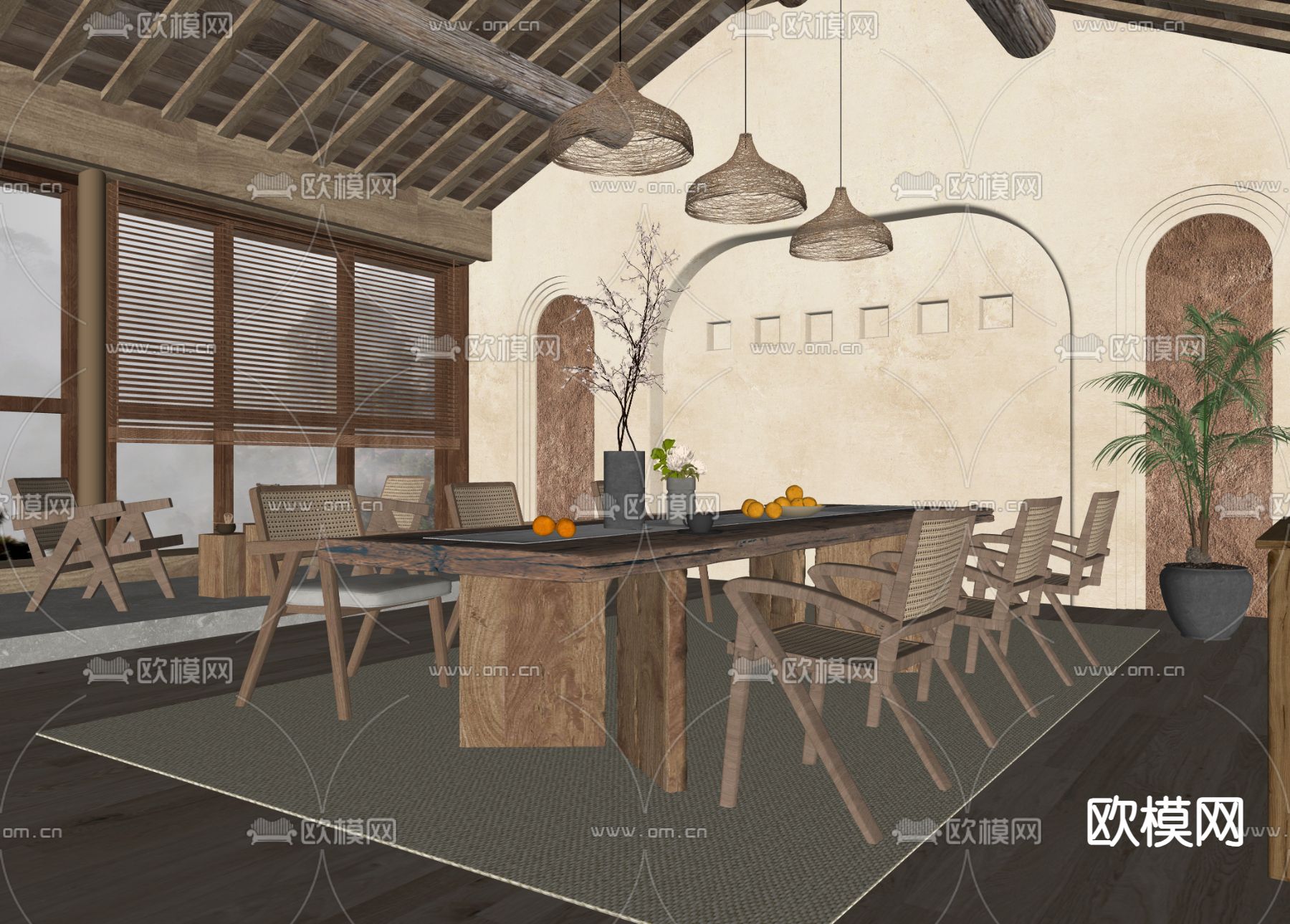 侘寂风民宿 餐厅su模型下载（渲染图1）
