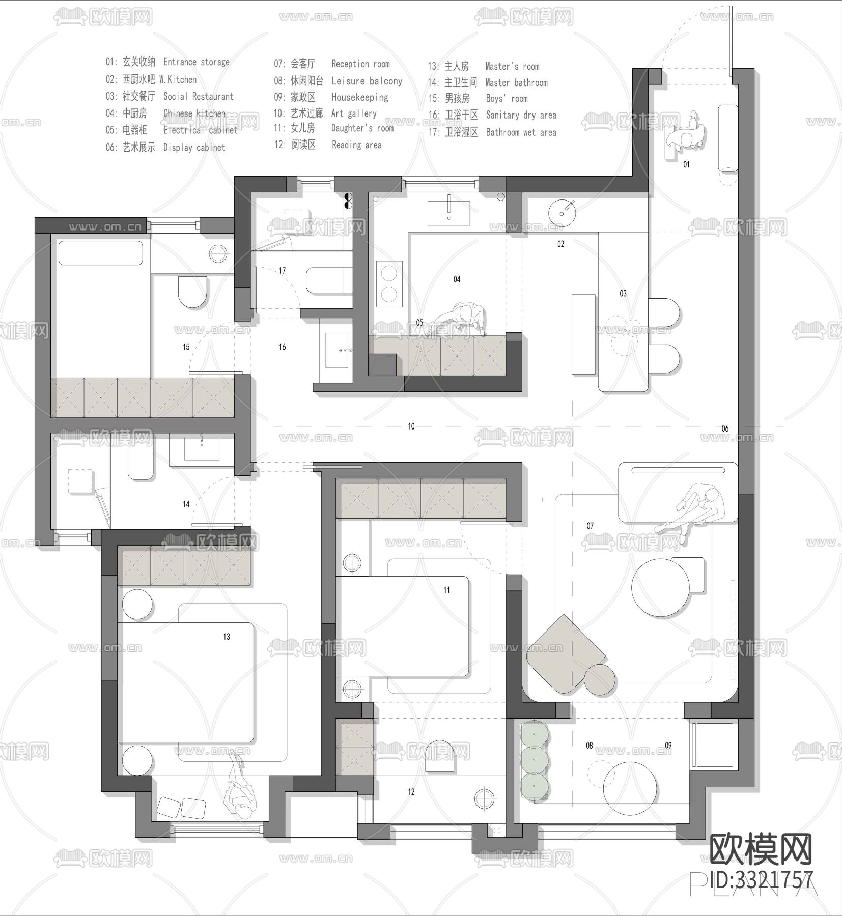 家装装修样板间CAD平面图下载（渲染图1）