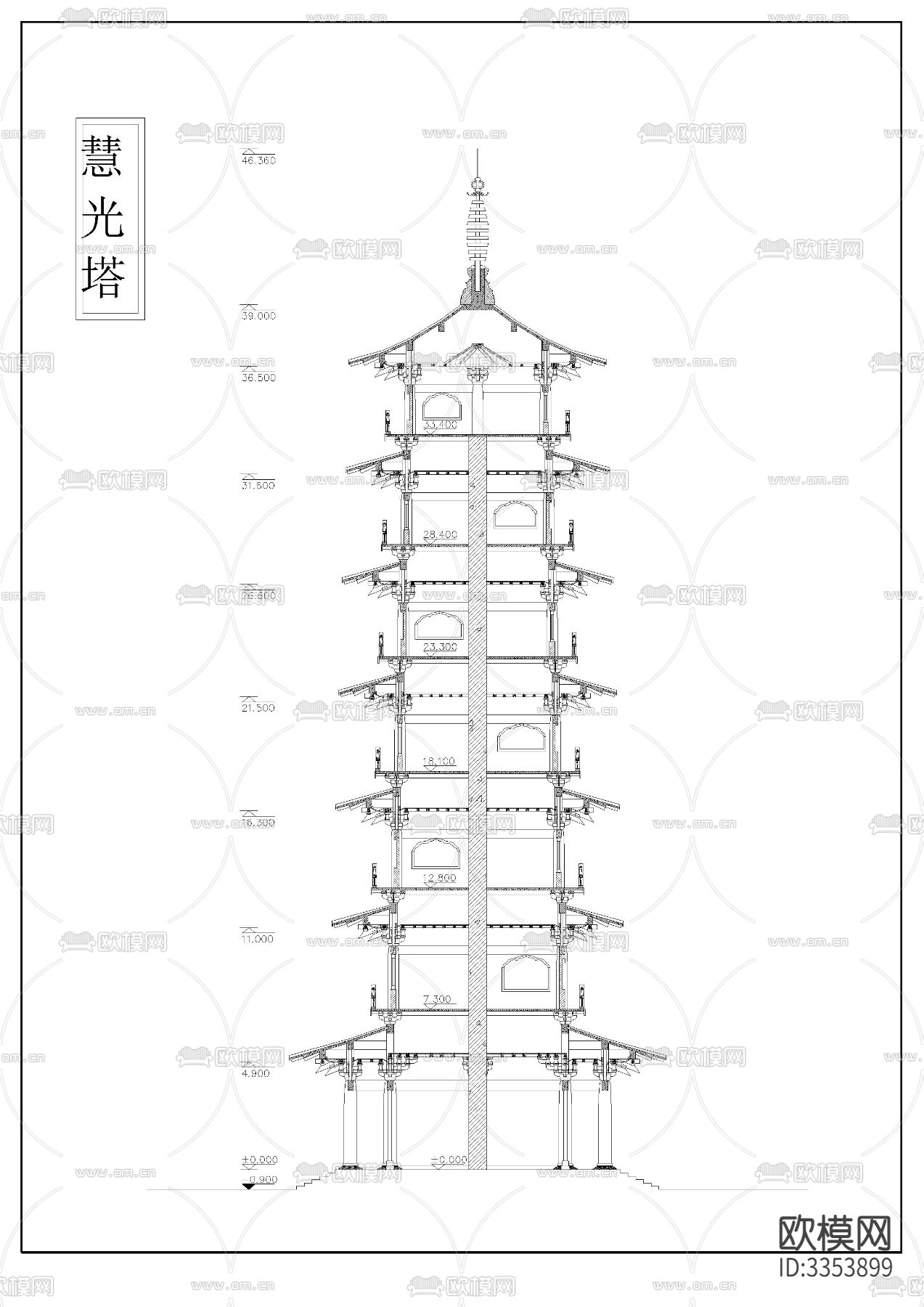 慧光塔cad立面图下载（渲染图1）