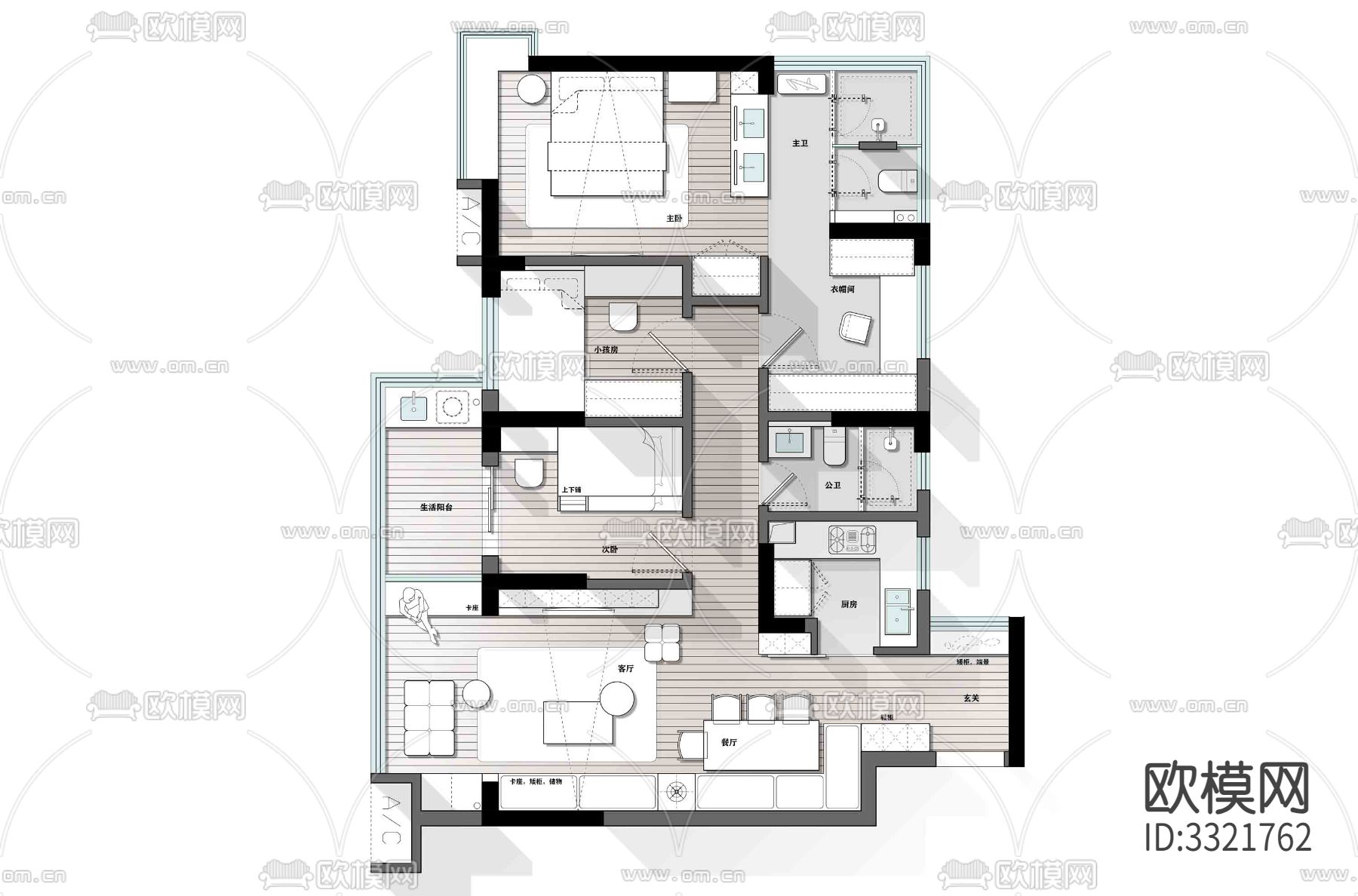 家装装修样板间CAD平面图下载（渲染图1）