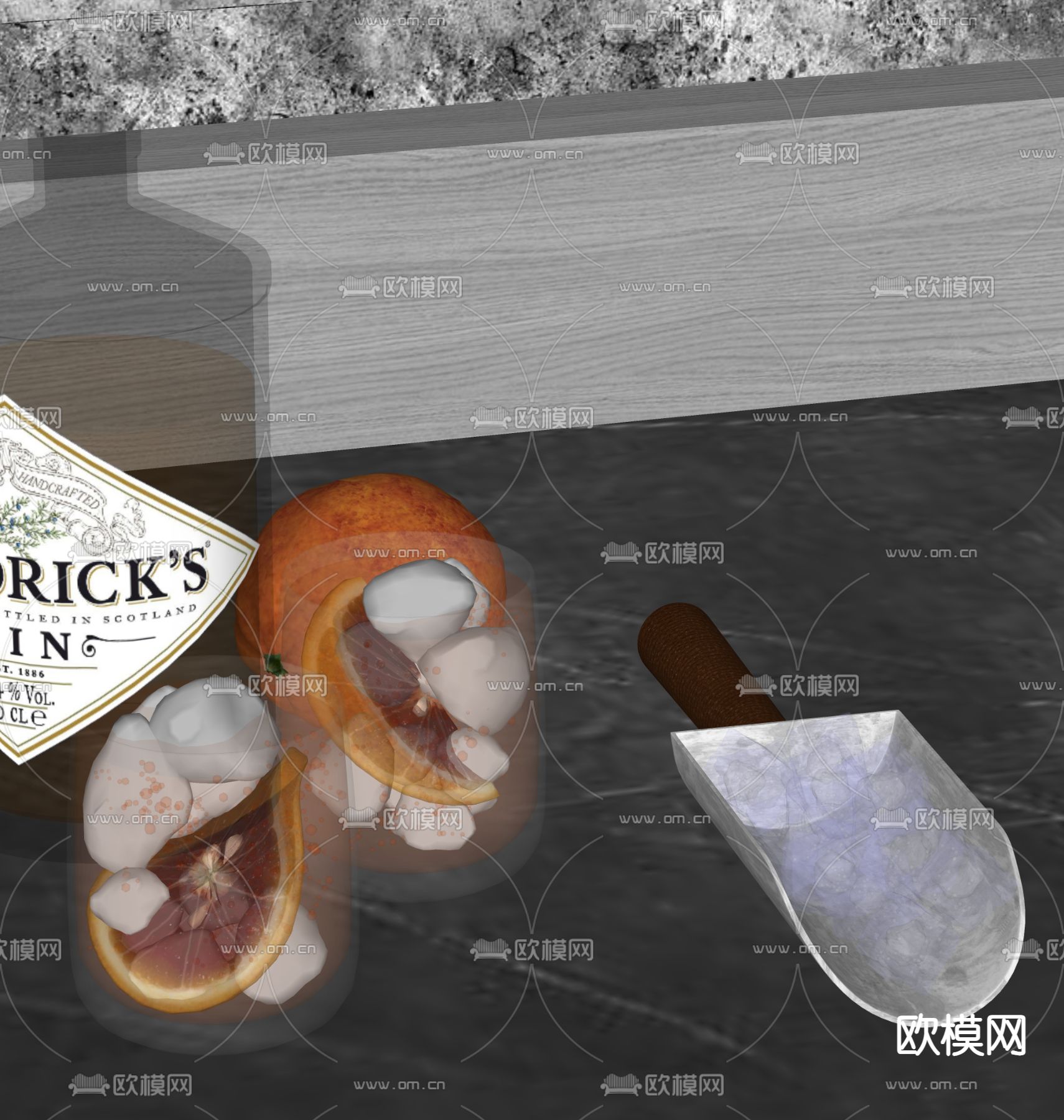 水杯 酒杯酒水 柠檬水 冰块 铲冰刀 饮料su模型下载（渲染图1）