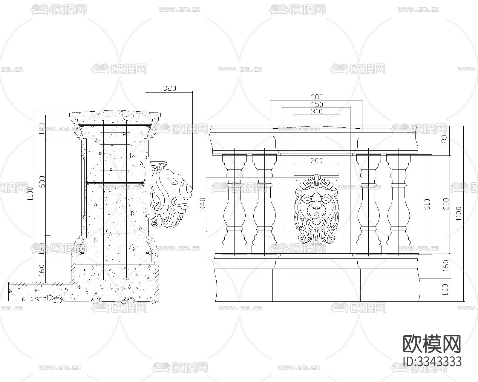 欧式栏杆cad大样图下载（渲染图6）