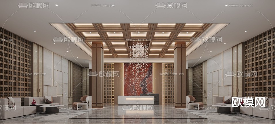 新中式酒店大堂 大厅3d模型下载_ID15288936_3dmax免费模型-欧模网