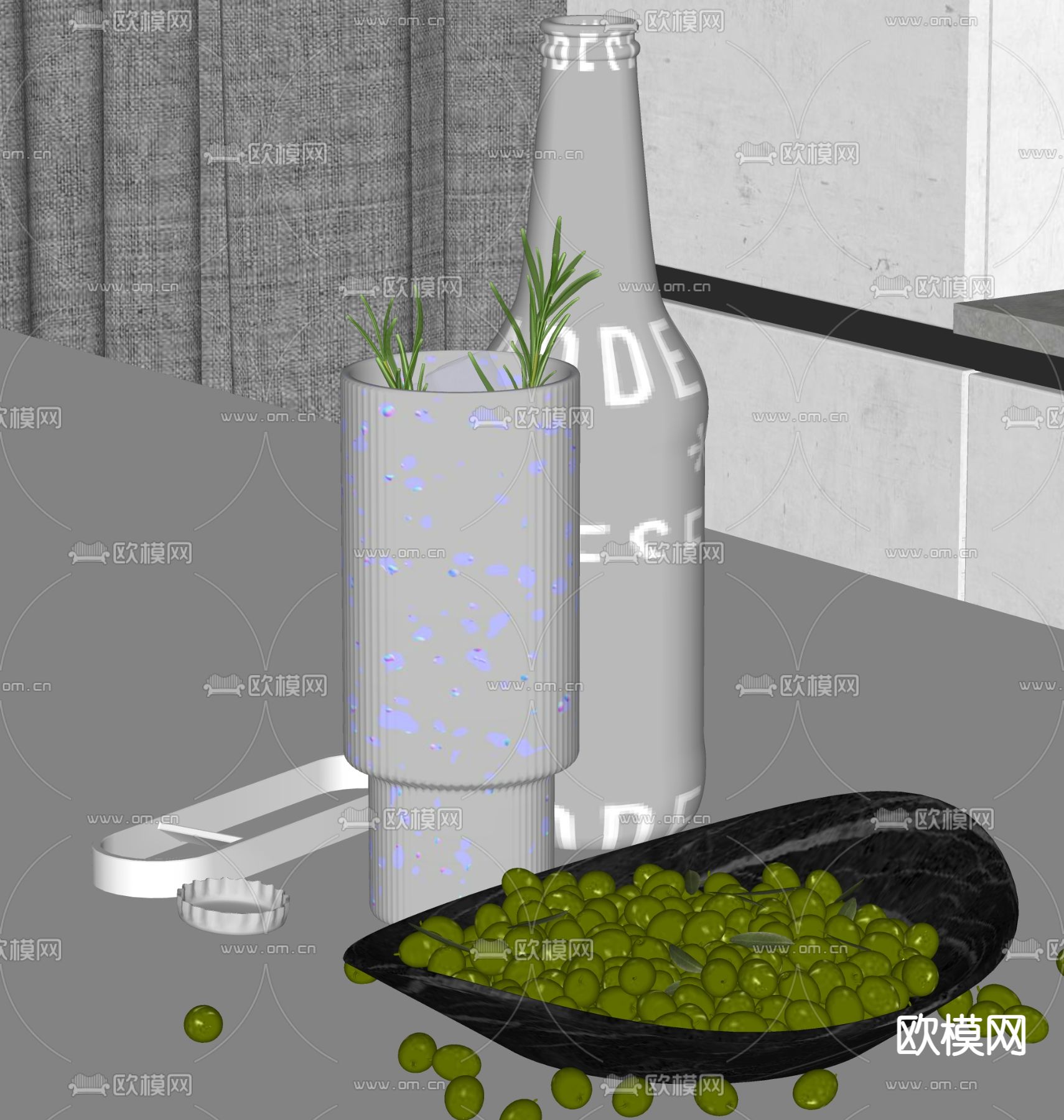 饮料杯 酒瓶 厨房用具 冰块 饮料su模型下载（渲染图1）