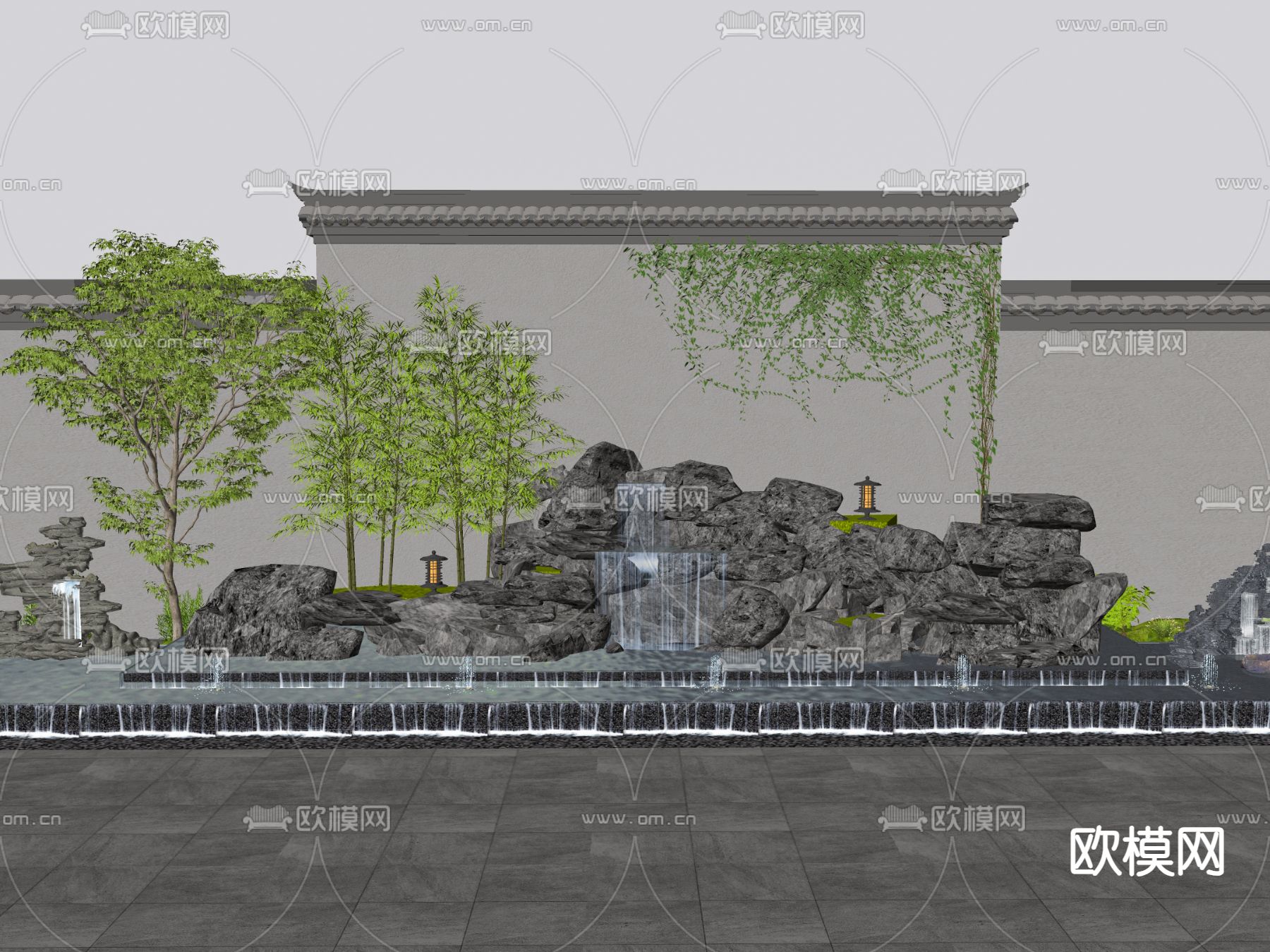 中式假山石头 跌水瀑布 微地形su模型下载（渲染图1）