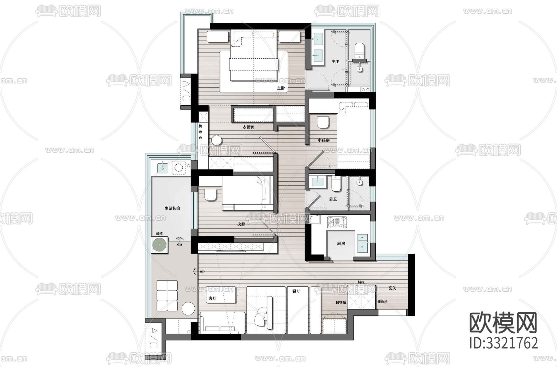 家装装修样板间CAD平面图下载（渲染图2）