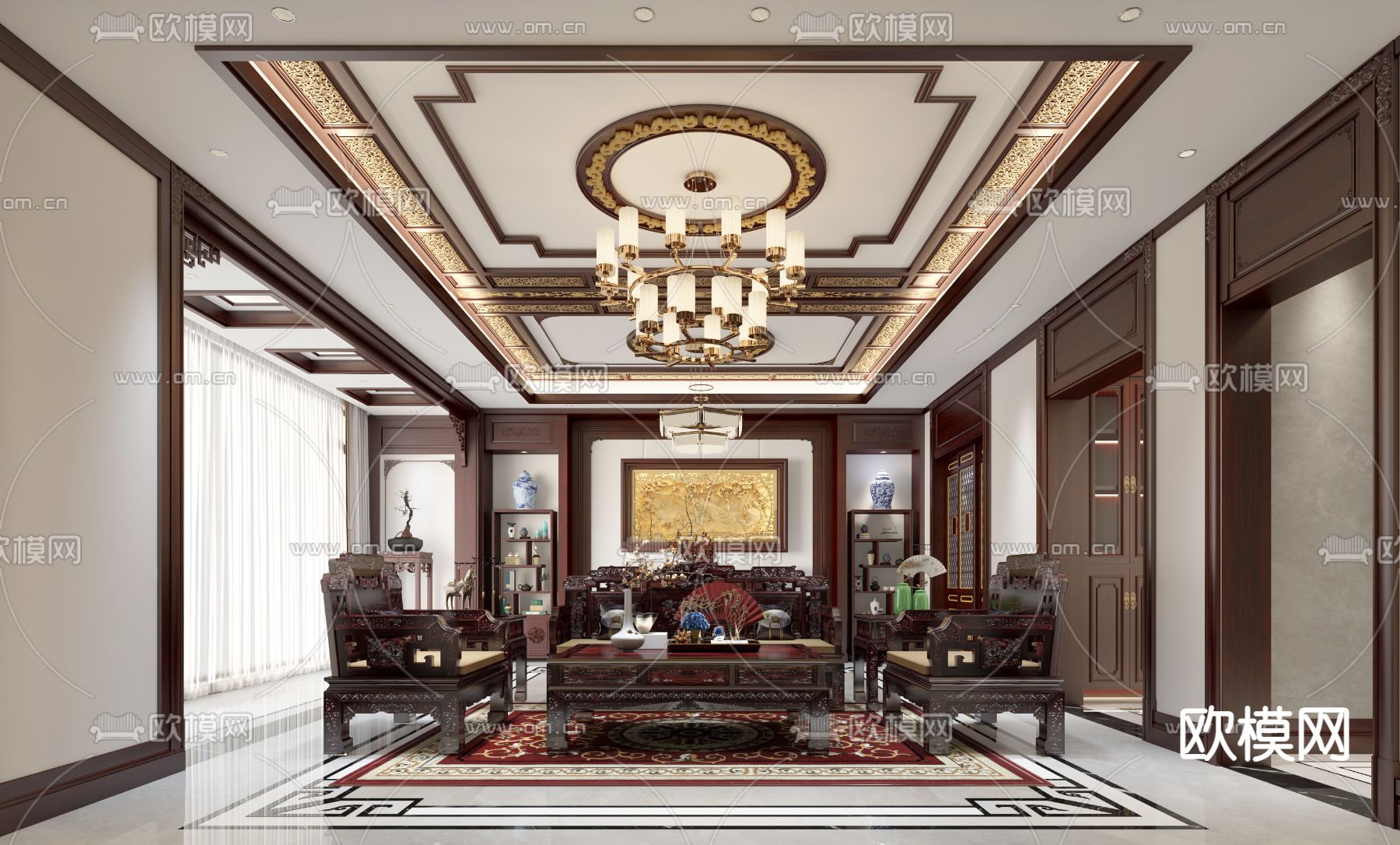 中式客厅3d模型下载_ID15288801_3dmax免费模型-欧模网