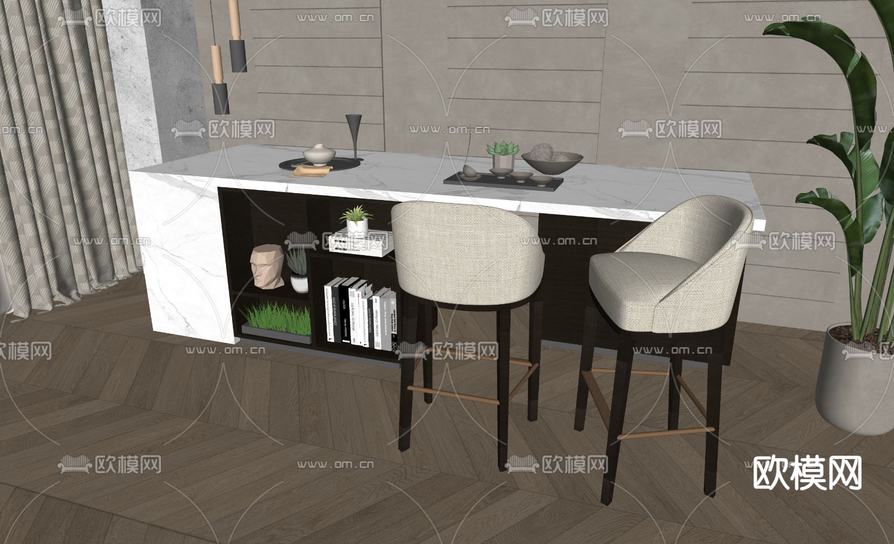 现代吧台吧凳su模型下载（渲染图1）