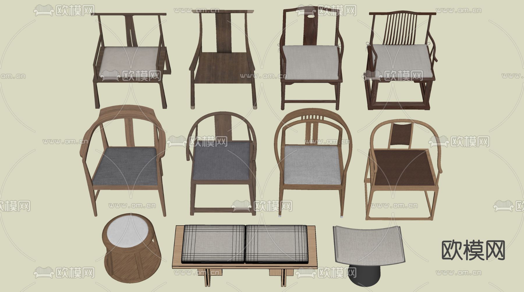 中式椅子 板凳椅 太师椅su模型下载（渲染图1）