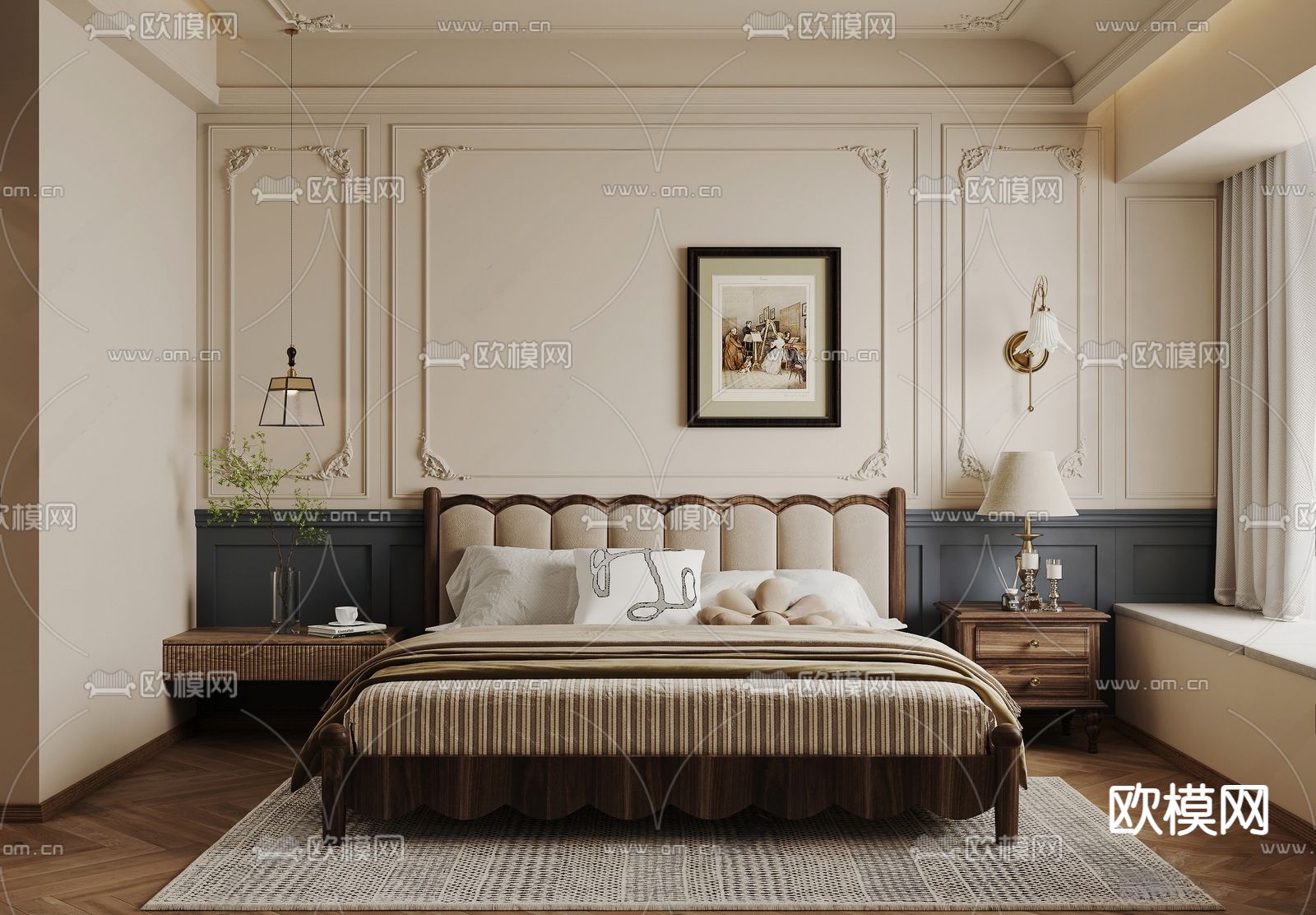 美式卧室 主人房3d模型下载（渲染图1）
