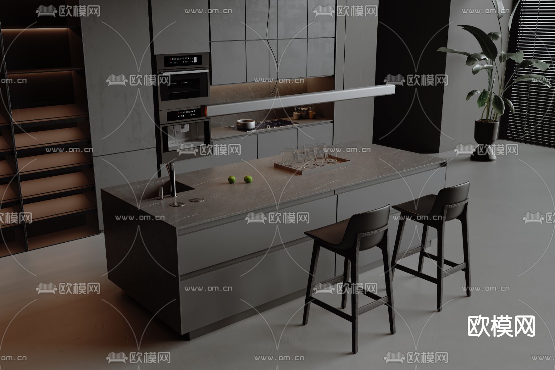 暗黑风中岛台 吧台su模型下载（渲染图2）