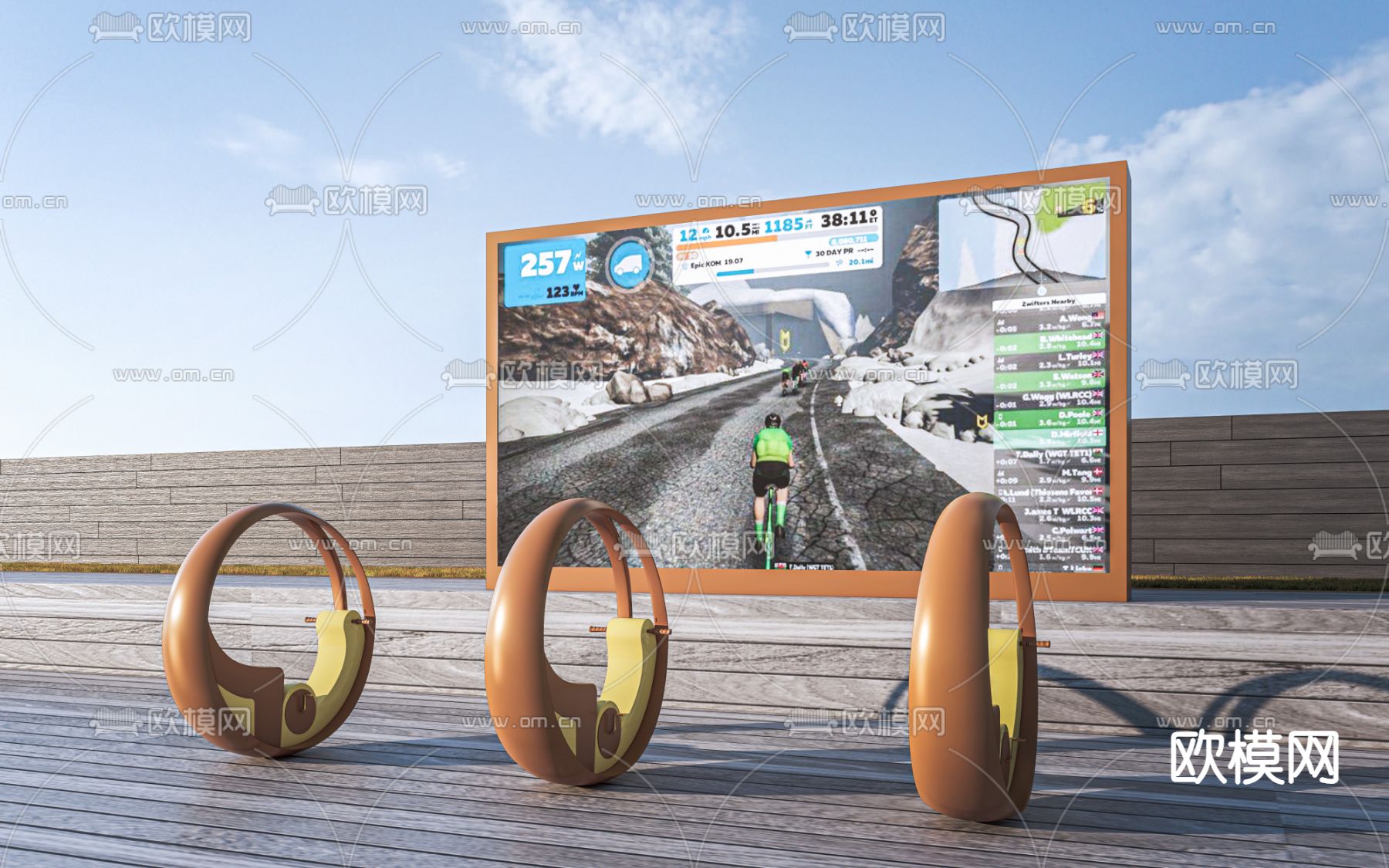 健身器材 动感单车 发光自行车 公园互动设施su模型下载（渲染图2）