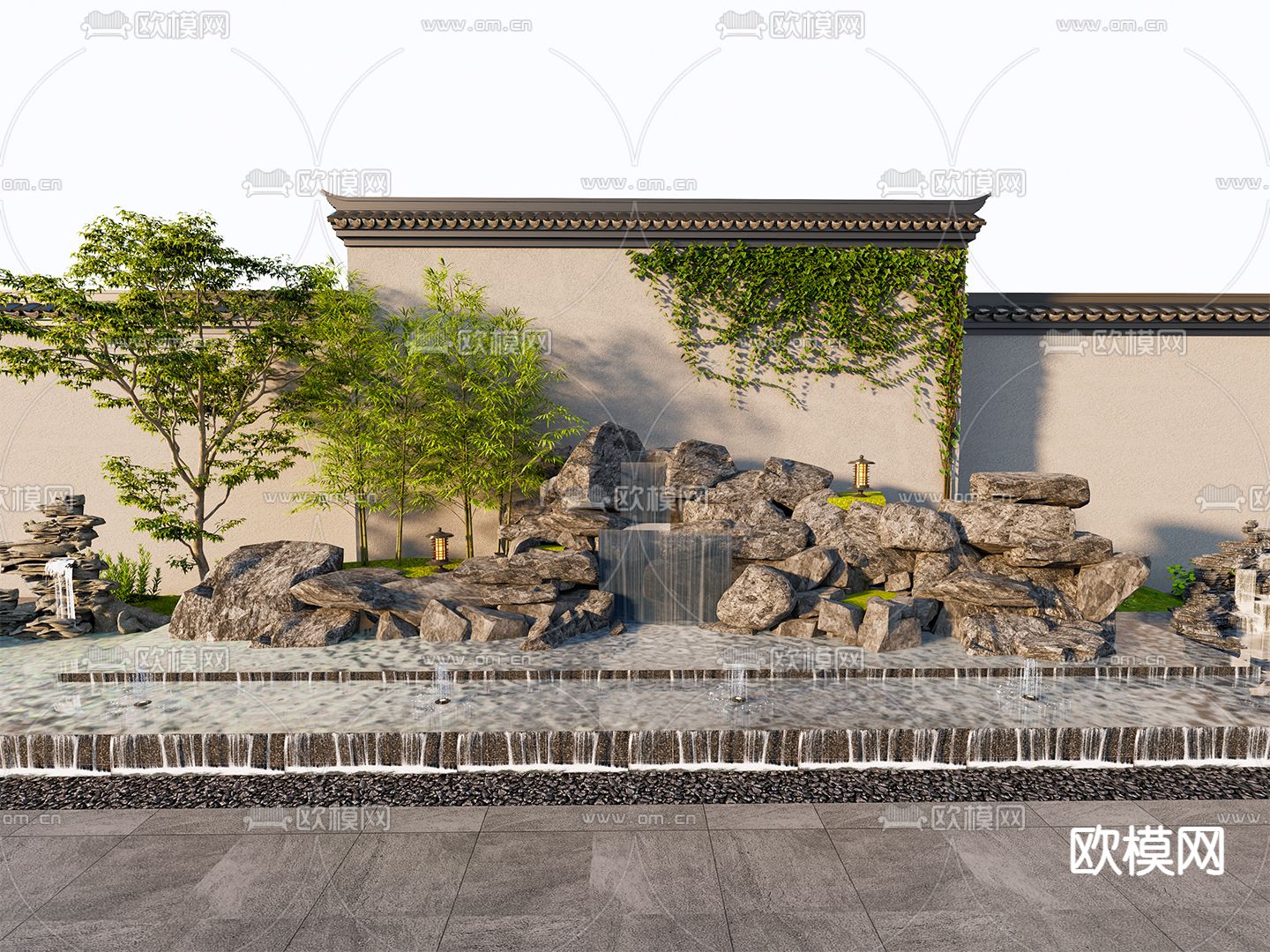 中式假山石头 跌水瀑布 微地形su模型下载（渲染图2）