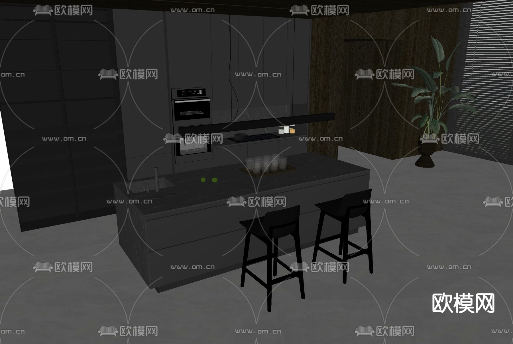 暗黑风中岛台 吧台su模型下载（渲染图1）