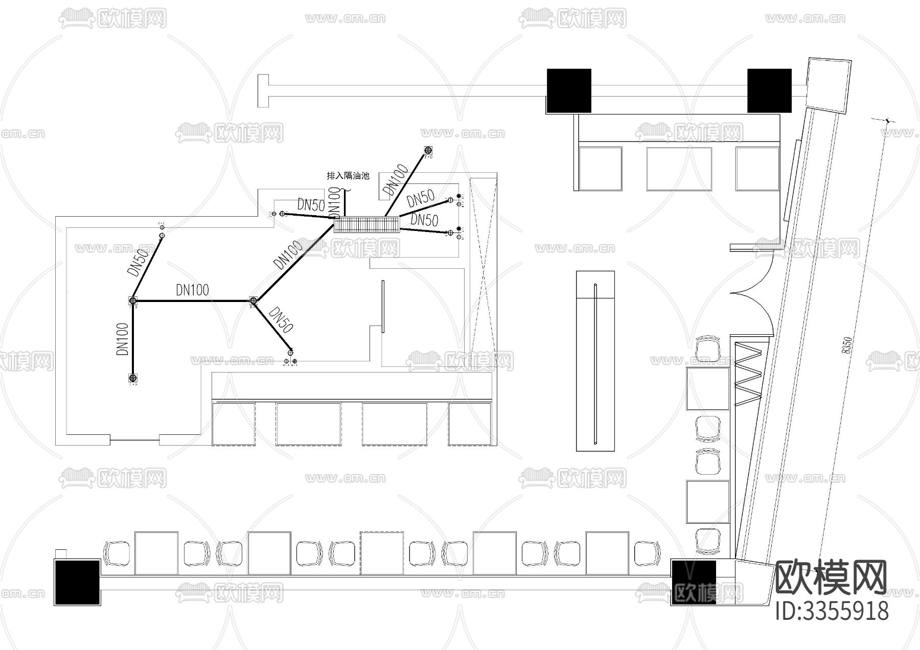 餐厅快餐店给排水消防cad施工图下载（渲染图1）