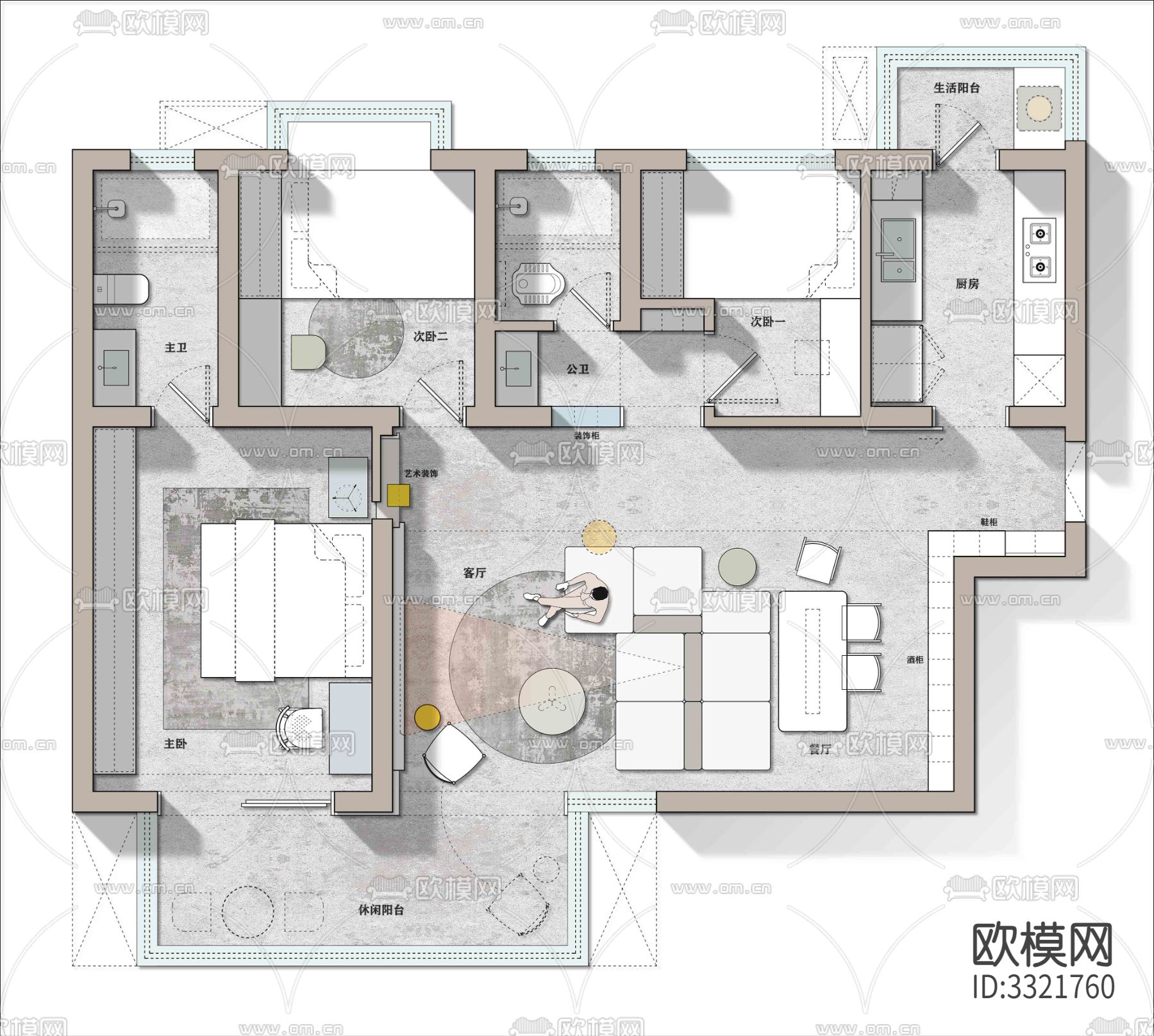 家装装修样板间CAD平面图下载（渲染图1）