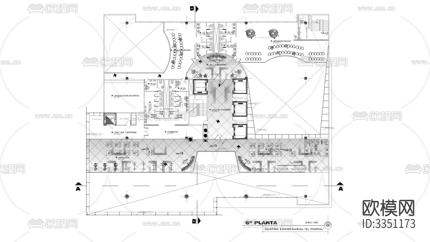 高层企业办公室cad平面图下载（渲染图3）